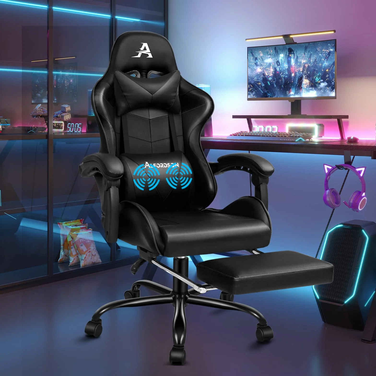 ALFORDSON Silla Gaming Escritorio con Masajeador, Silla Gamer Ergonómica Cojín Lumbar y Cervical, Reposapiés Retráctil, Ruedas Giratorias 360°, para Oficina, Videojuego, Ordenador, Cuero PU(Negra)
