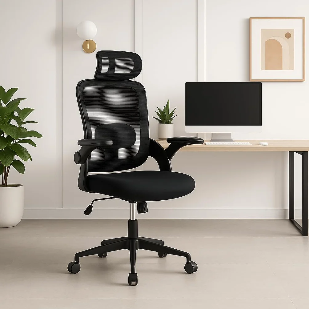 Silla de Oficina Ergonómica con Ruedas, Reposacabezas y Reposabrazos Ajustables, Respaldo de Malla Transpirable, Soporte Lumbar