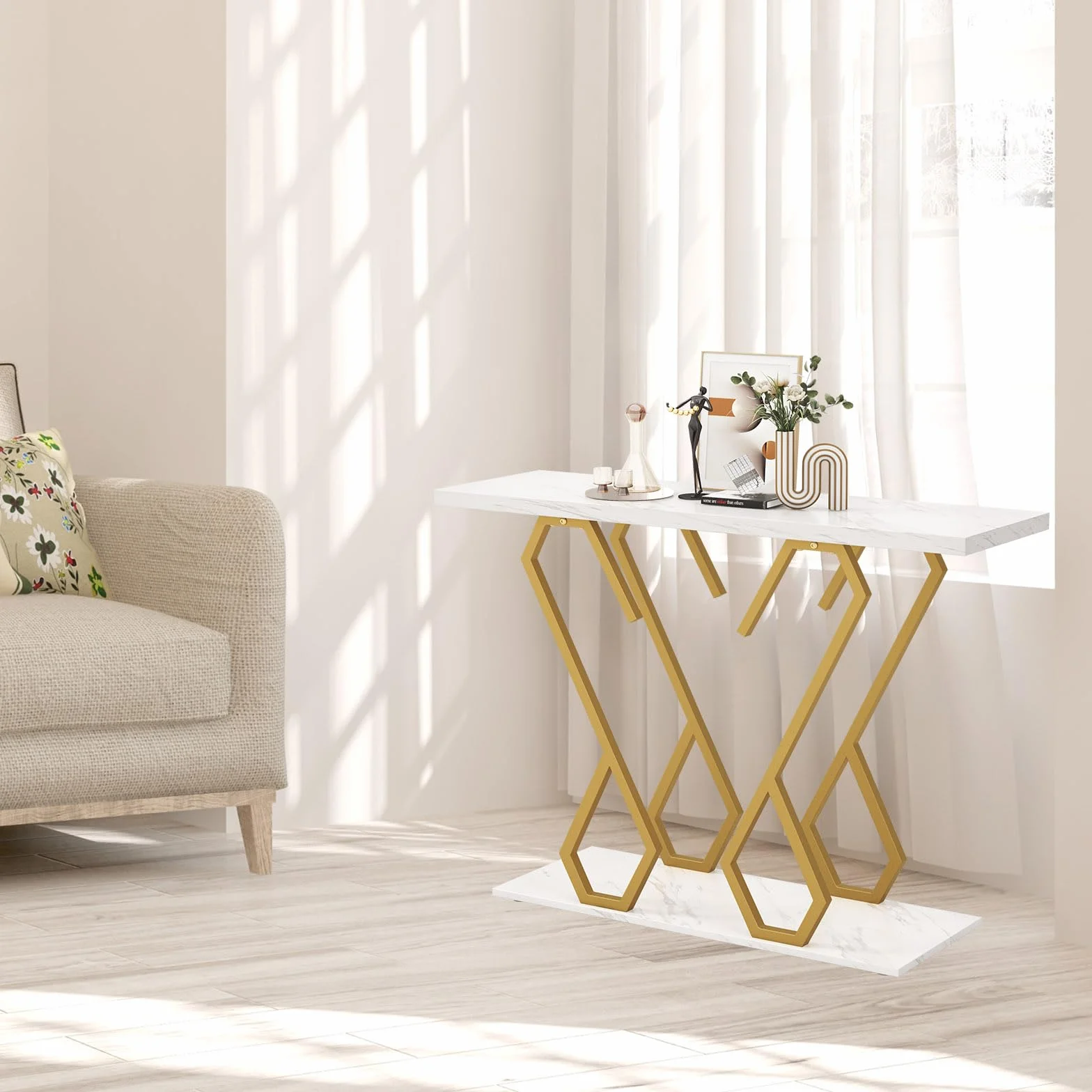 LIFEZEAL Consola de 2 Niveles, Mesa Auxiliar de Entrada con Tablero de mármol, Mesa de recibidor con Marco de Mariposa, Mesa Decorativa Estrecha para salón y Pasillo, 100 x 30 x 79 cm