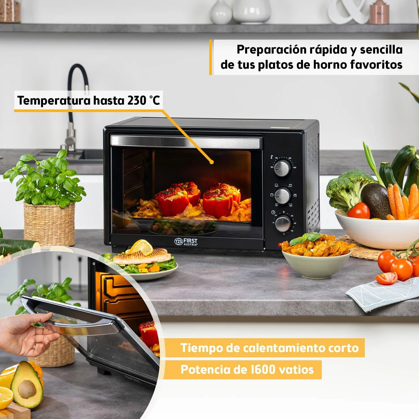 TZS First Austria - Mini Horno 35L 1600W - Minihorno pizza con regulación de temperatura 230°C y revestimiento antiadherente - Con temporizador de 60 min, 3 alturas de inserción, bandeja y parrilla