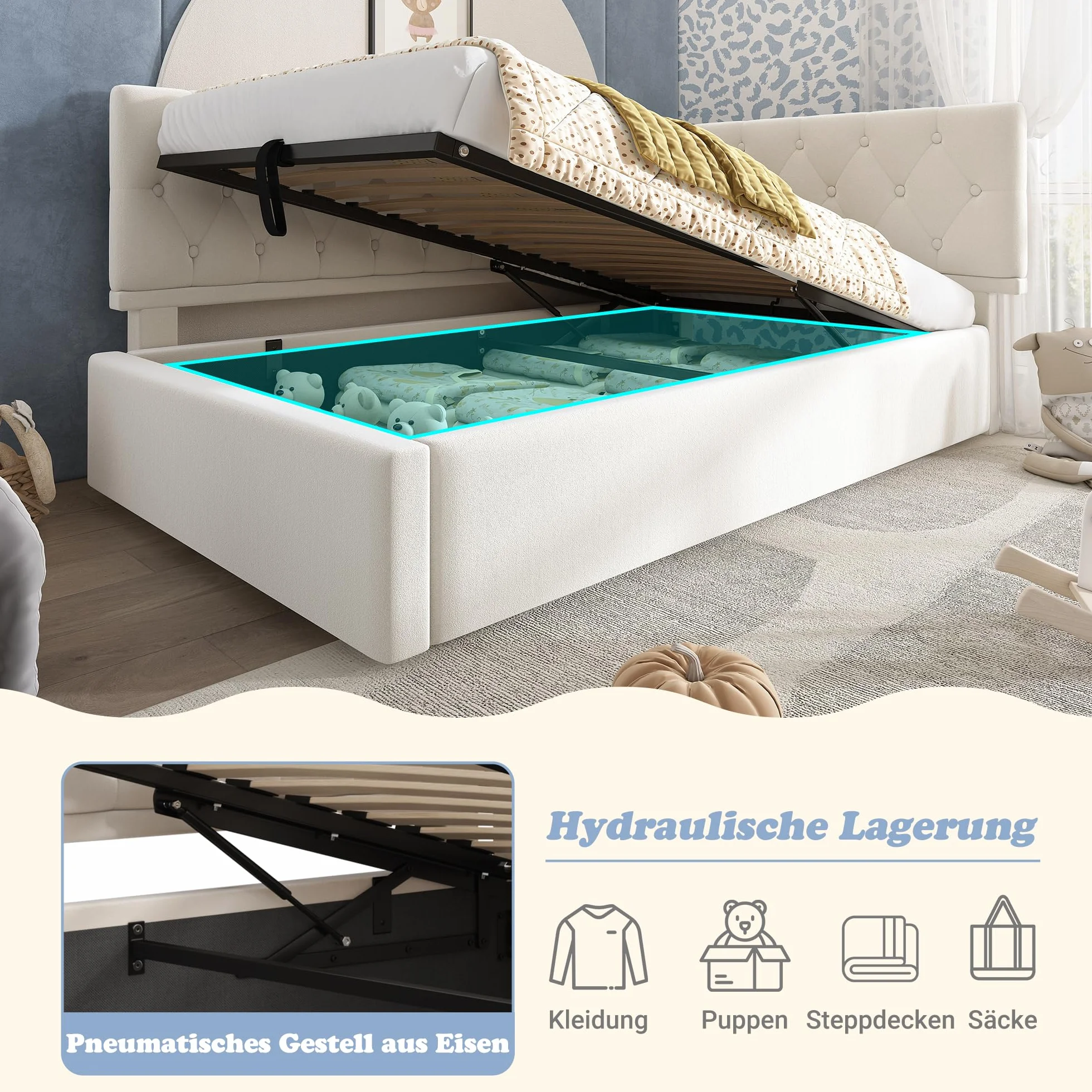 MURUL Cama tapizada, cama de día 90 x 200 cm, sofá cama con almacenamiento hidráulico, cama infantil, cama juvenil, estructura de cama con somier de madera, terciopelo, sin colchón.