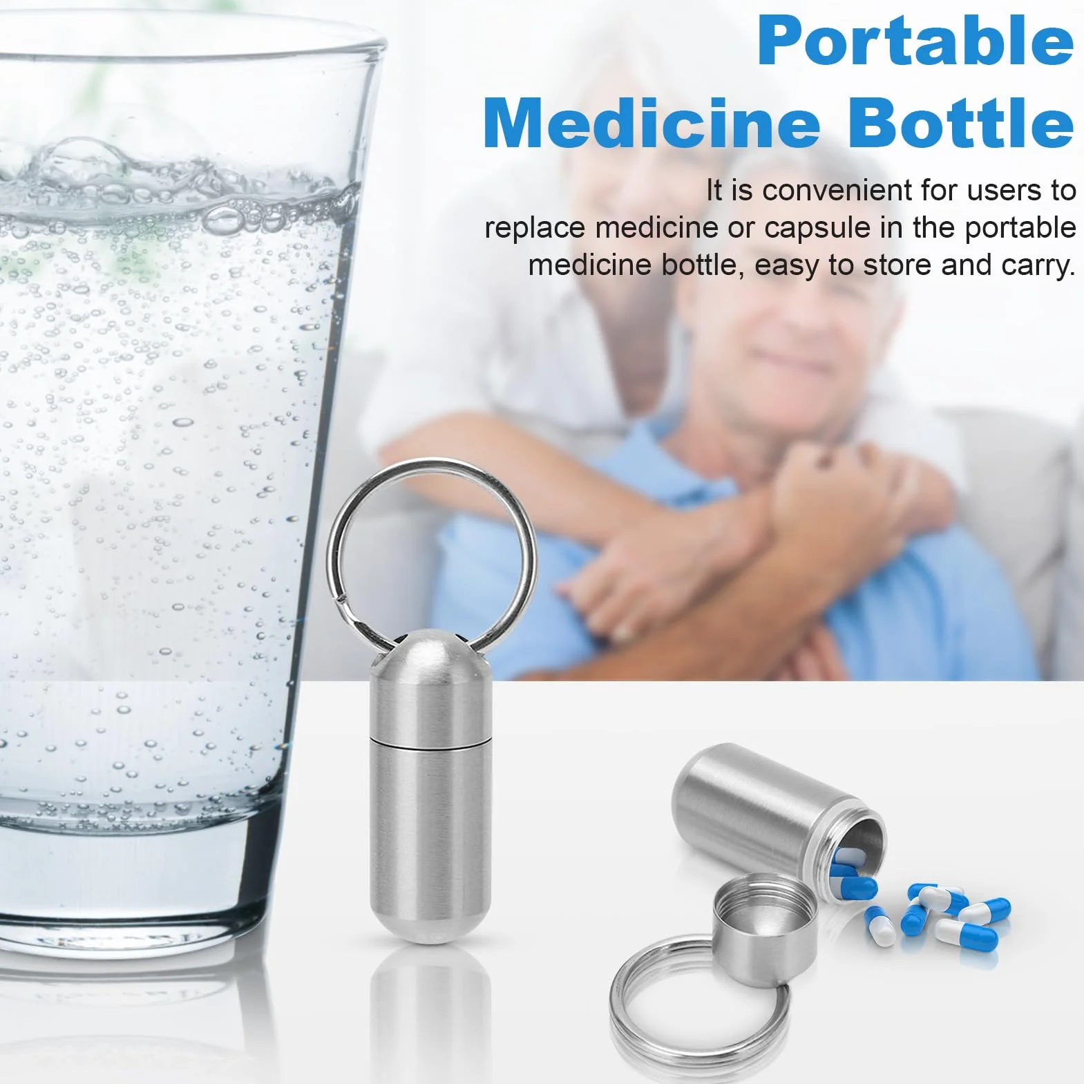 Acero inoxidable Organizador de pastillas portátil a prueba de agua Caja de medicamentos Llavero