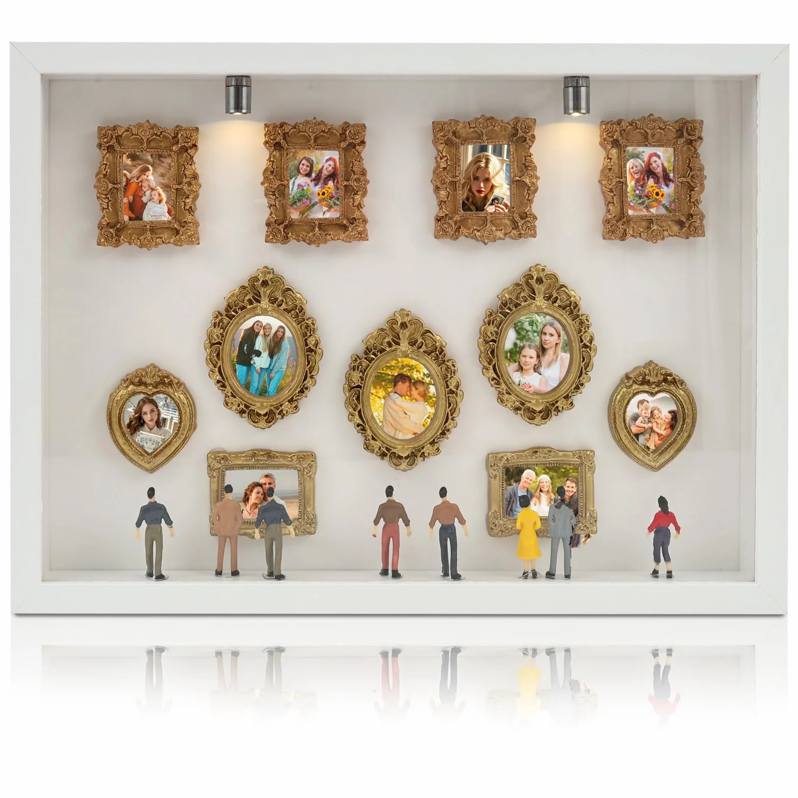 DIY Mini Museum Silhouette Box,Museum of Us DIY,Shadow Box,Miniatur Bilderrahmen,Foto Erinneranzeige Set mit 8/11 Mini Bilderrahmen Gold,8 Zufällig Figuren und 2 Lampen,für Jubiläg,Geschenk