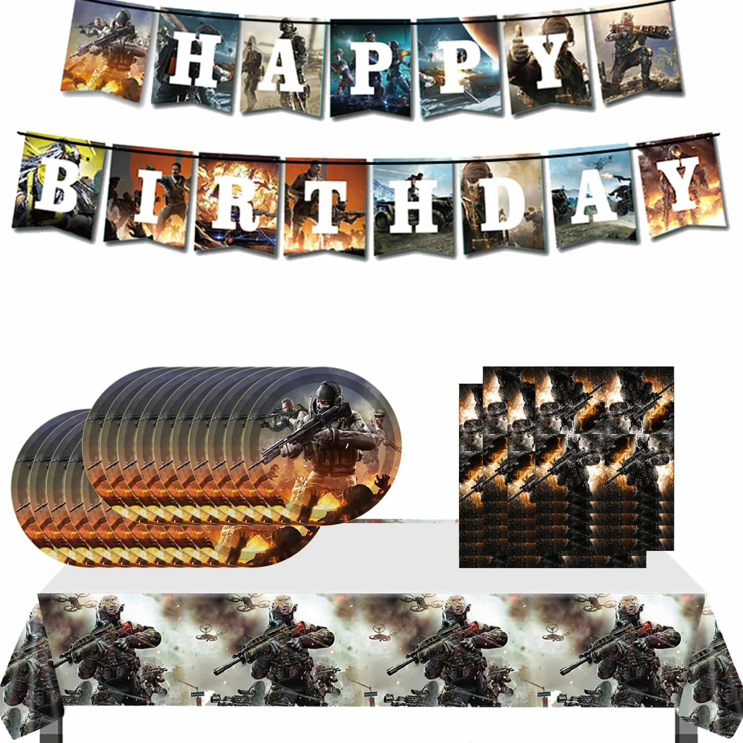 Suministros de cumpleaños para fiestas de llamadas de juegos, vajilla de fiesta temática con pancarta de feliz cumpleaños, mantel, platos de papel desechables de 7 pulgadas con servilletas para