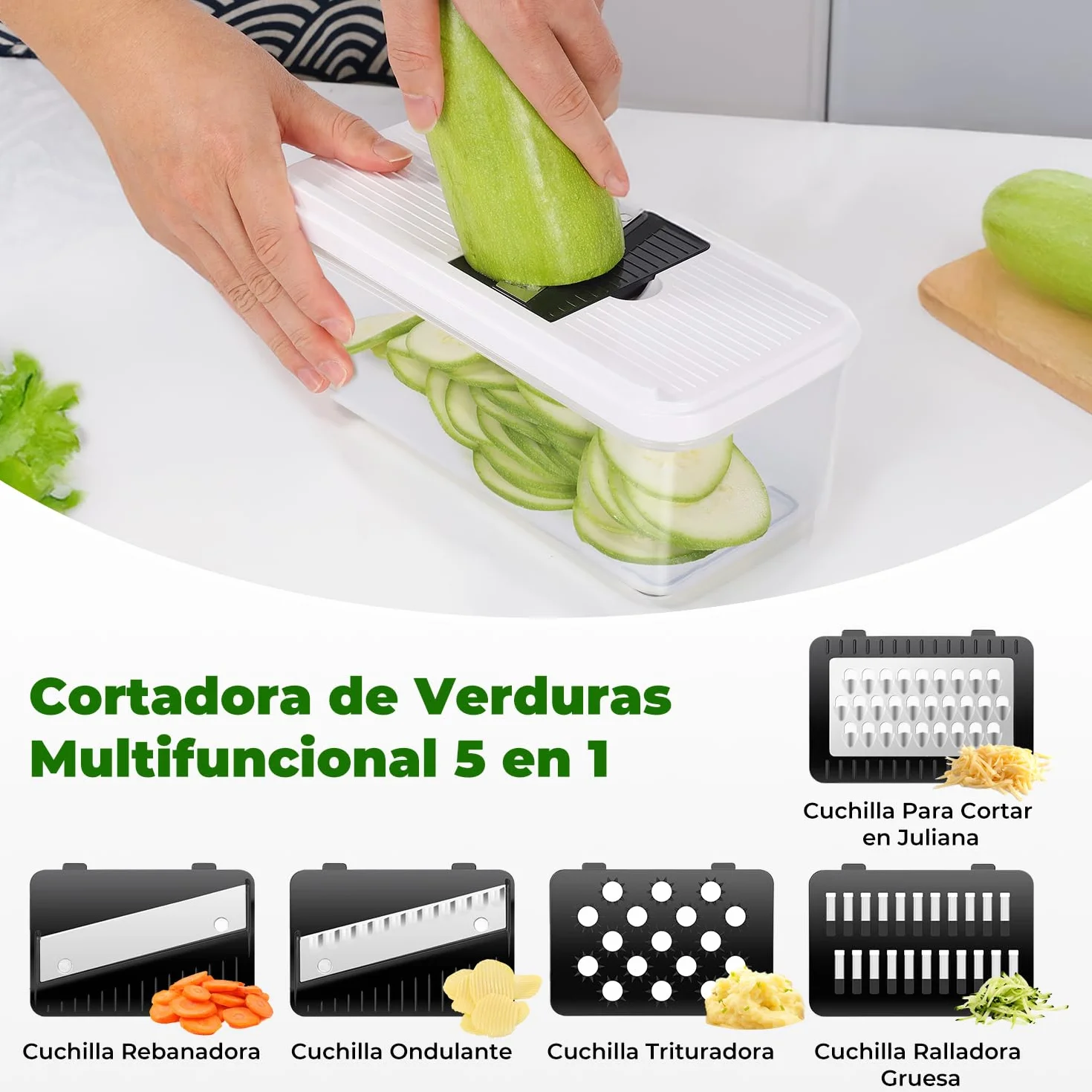 Mandolina de Cocina Profesional, Cortador de Verdura, Rallador de Verduras con 5 Cuchillas Afiladas Intercambiables, Cortador de Patatas Tomates Pepinos Queso Frutas（Negro）