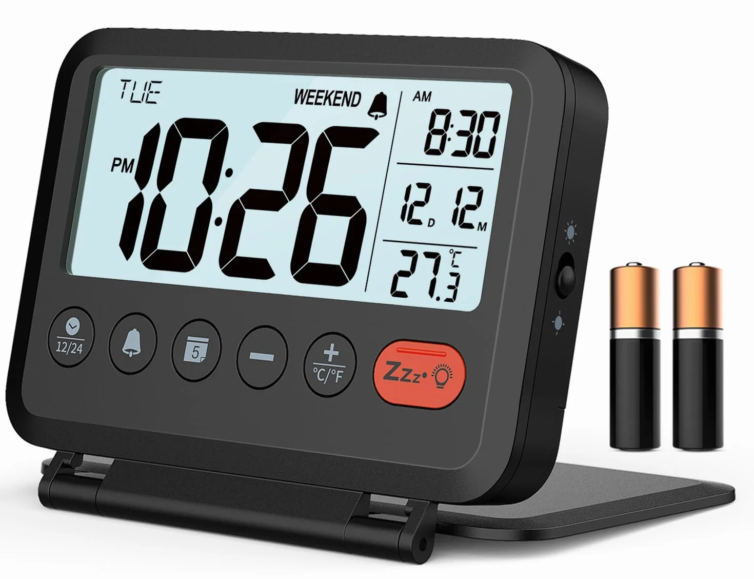 Reloj Despertador Digital de Viaje LCD con Fecha, Temperatura, 12/24H, 2 Volúmenes, Plegable