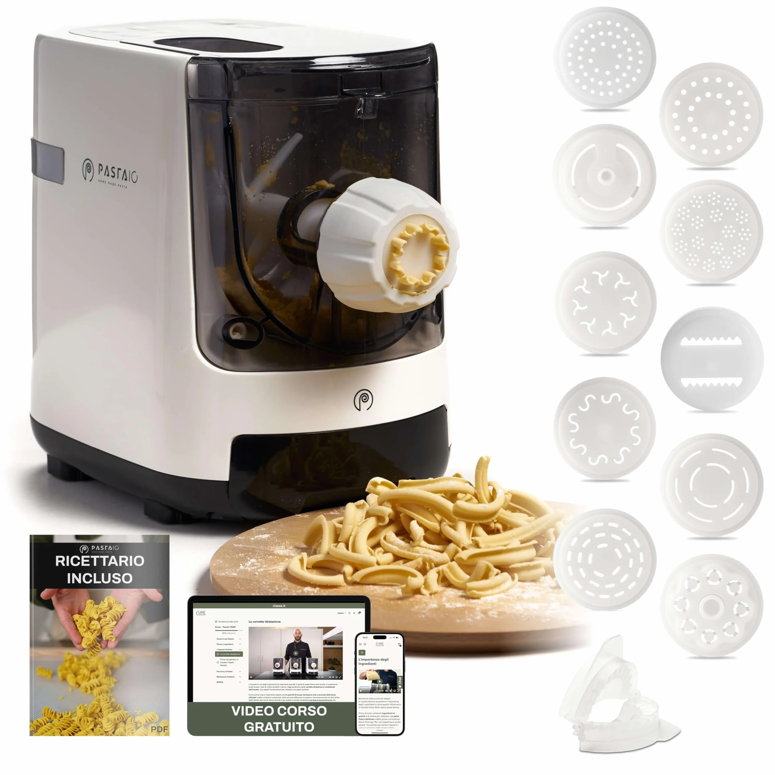 PASTAIO | Máquina de Pasta Fresca de Doble Extrusión. Pasta Maker, hasta 800 g de pasta, pesaje automático, 11 estirado incluido para 15 tipos de pasta, 180 W