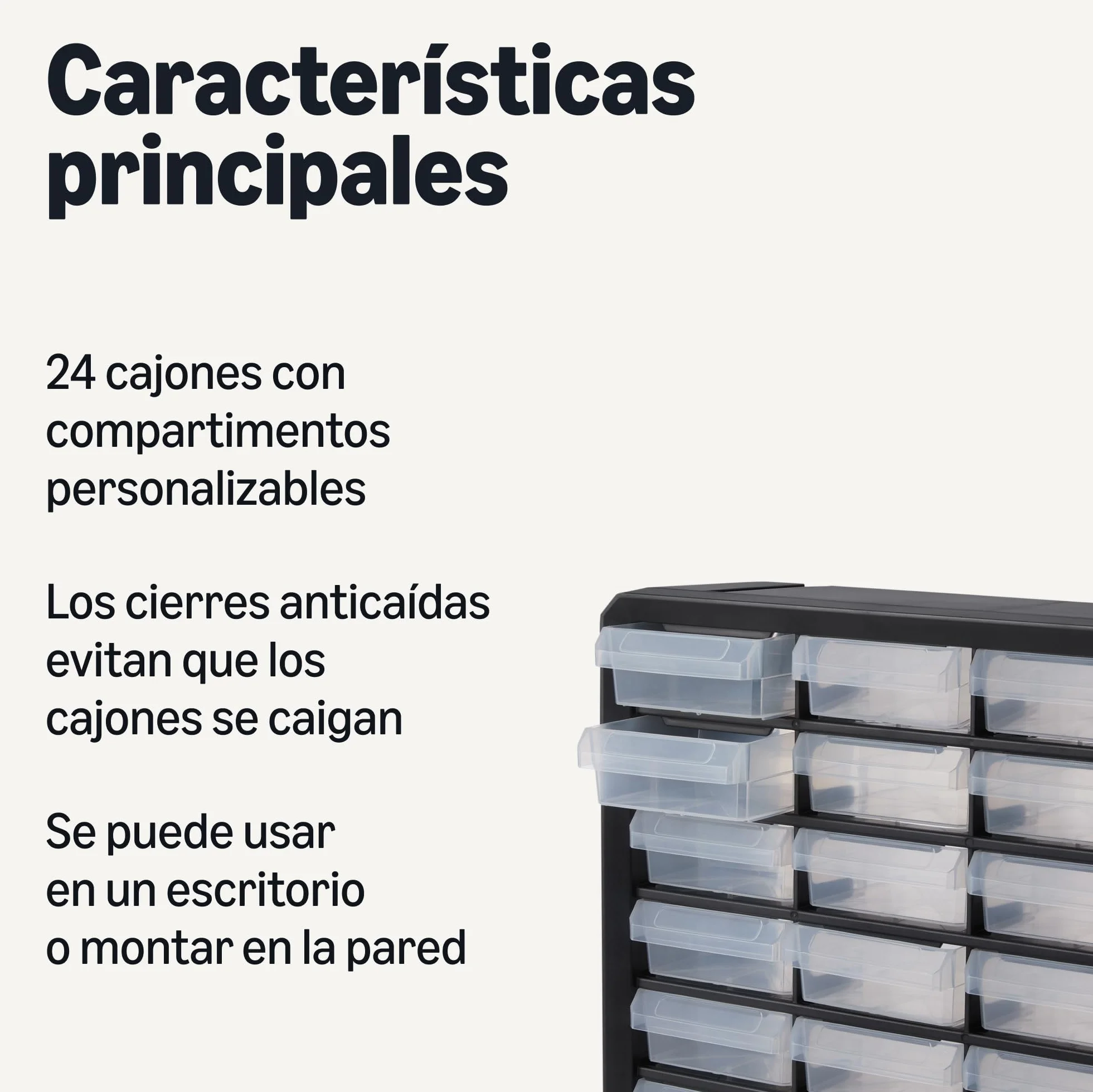 Amazon Basics Cajonera Organizadora 24 Compartimentos Plástico Divisores Oficina Herramientas Montaje Pared Negro