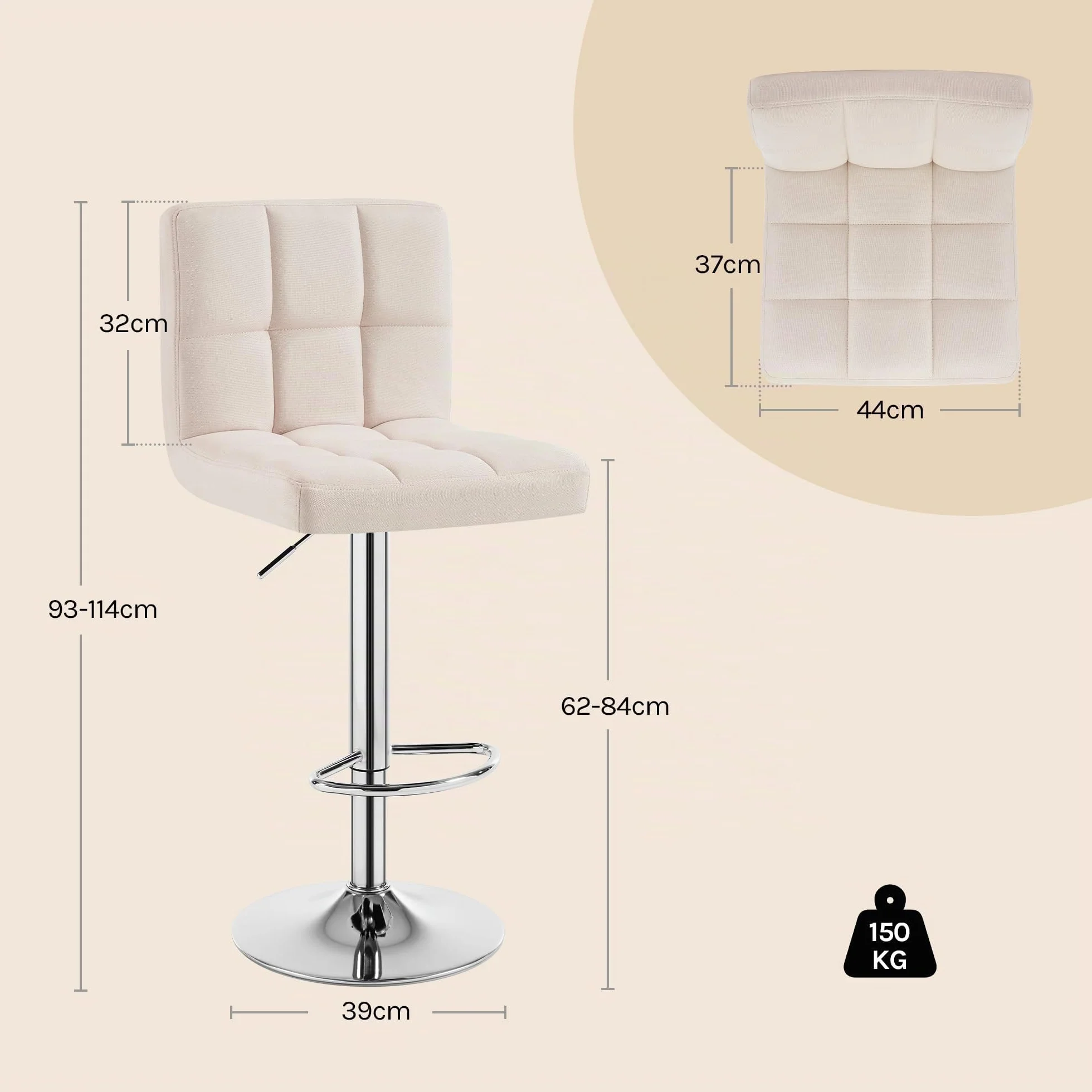 WOLTU 2X Taburete de Bar Silla de Bar Lino Muebles Cocina Taburete Alto Regulable en Altura con Respaldo Sillas Alta Taburetes Tapizado Crema