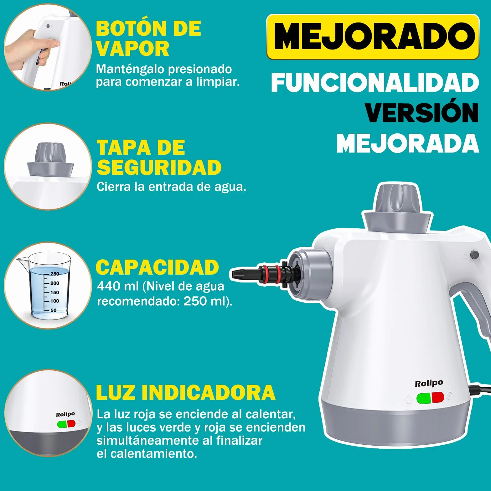 Rolipo Limpiador a Vapor Portátil 12 Accesorios Cierre de Seguridad Pistola Multifuncional