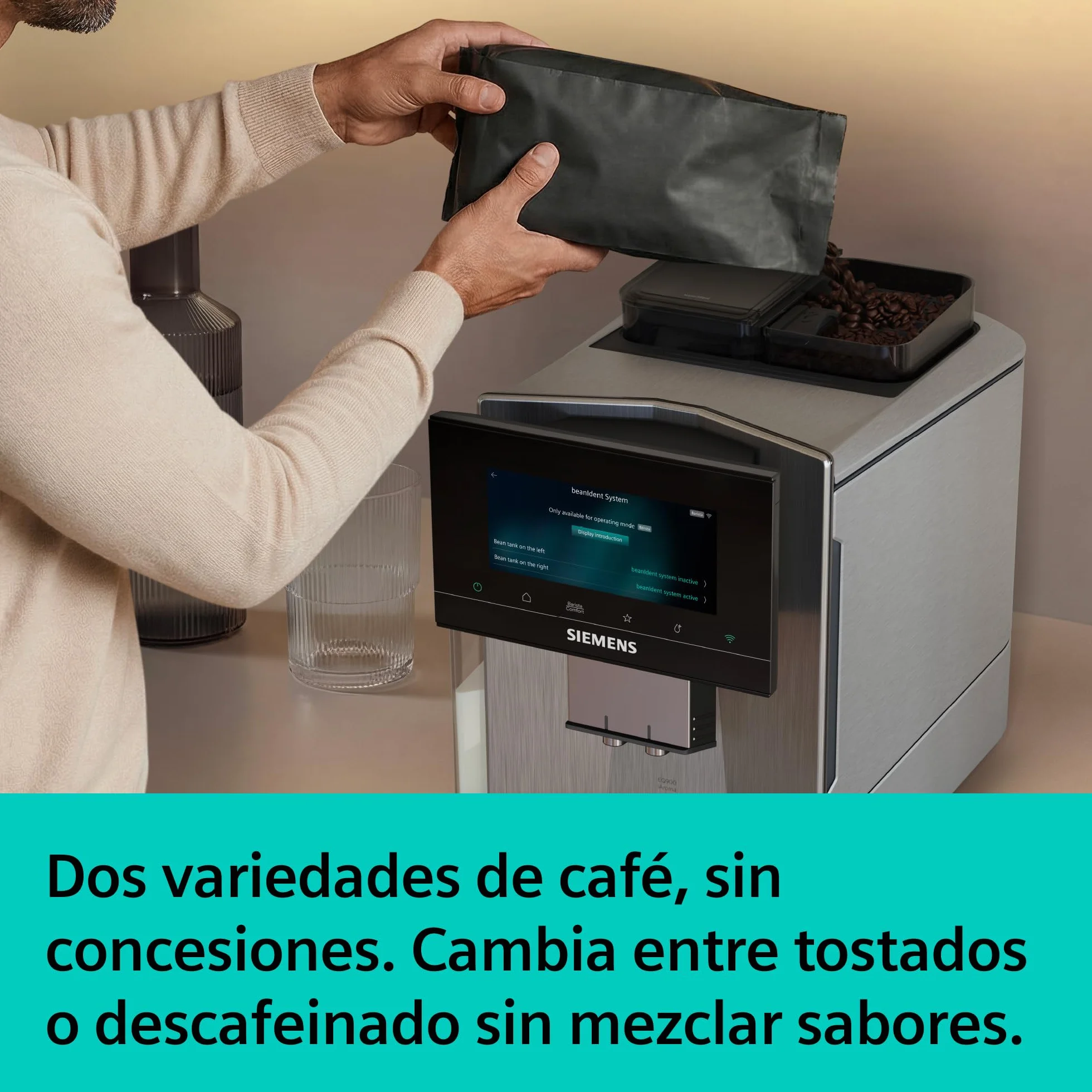 SIEMENS, cafetera superautomática, EQ900 iAroma, sabores personalizados, molienda precisa, pantalla grande para uso intuitivo, dos depósitos para granos diferentes, inox, TQ927E03