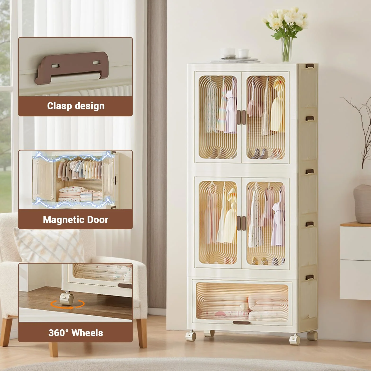 Armario plegable grande almacenamiento con barra plástico torre móvil 70x41.5x191 cm