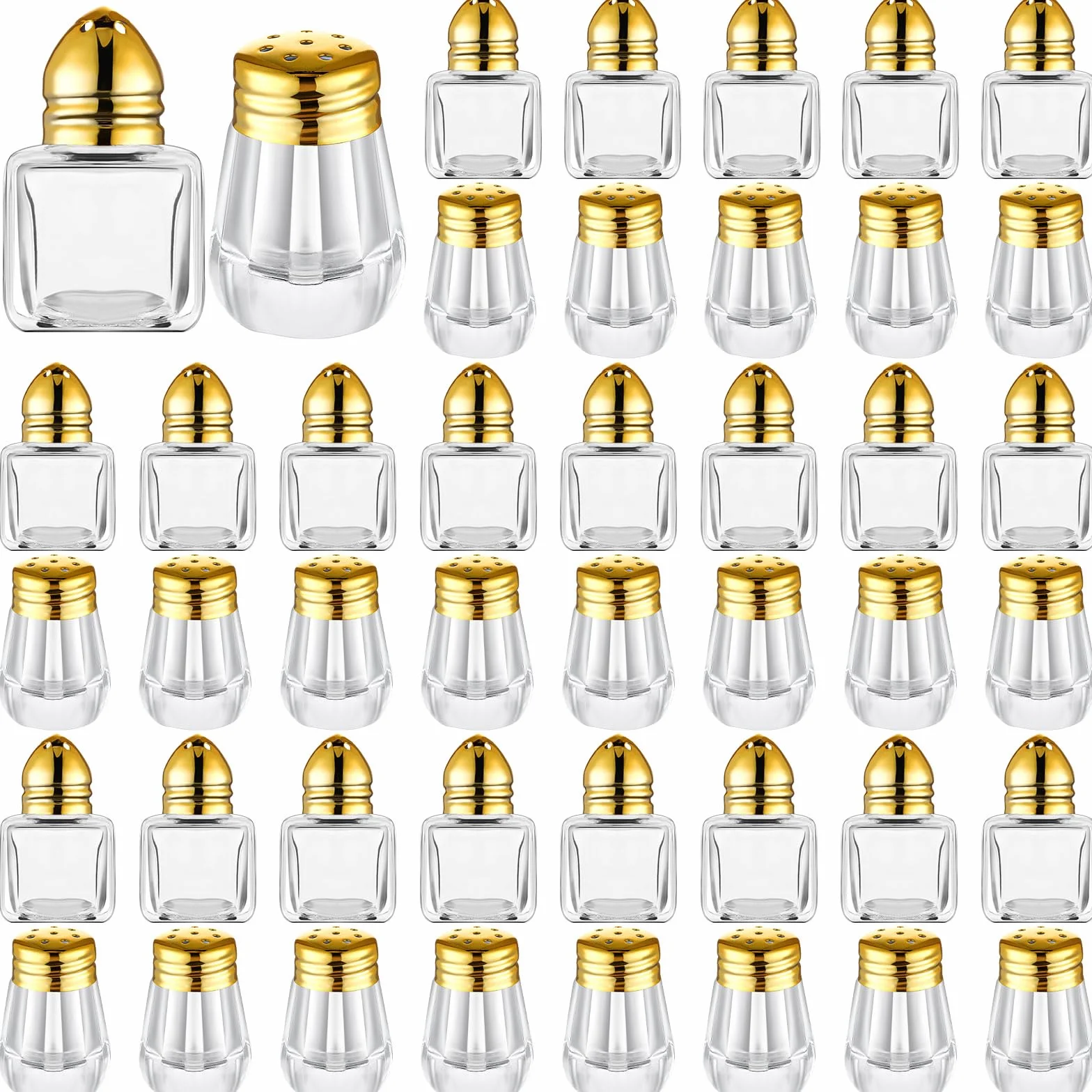 Juego de 50 mini saleros y pimenteros pequeños a granel transparentes individuales condimentos cocteleros pequeños agitadores de especias transparentes para cocina, boda, picnic, 2 estilos (tapas