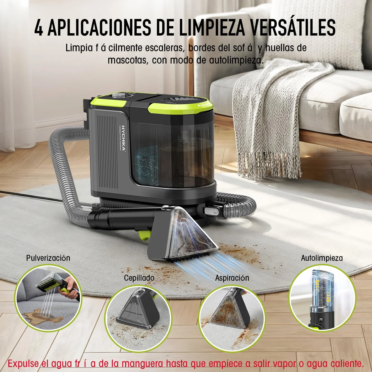 HYCHIKA Limpiador de Tapicerías con Aspiración y Lavado 1800W | 17 kPa, Limpiador de Alfombras con Lavado y Aspiración, Limpiador Textil Portátil, Quitamanchas para Sofá, Tapicerías y Coche