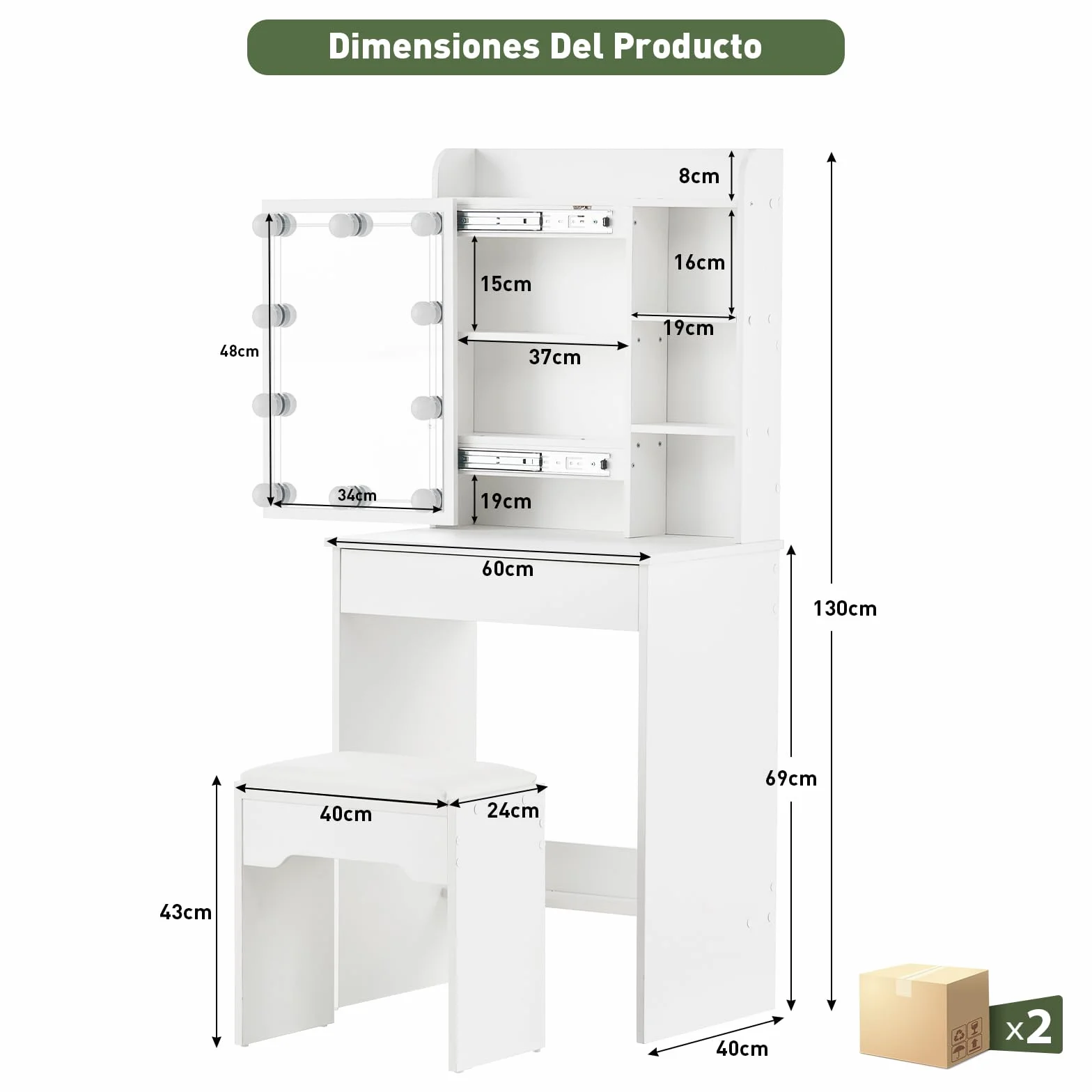 LEMROE Tocador Hollywood con Espejo LED y Taburete, Mesa de Maquillaje Blanca con 7 Estantes y 1 Cajón
