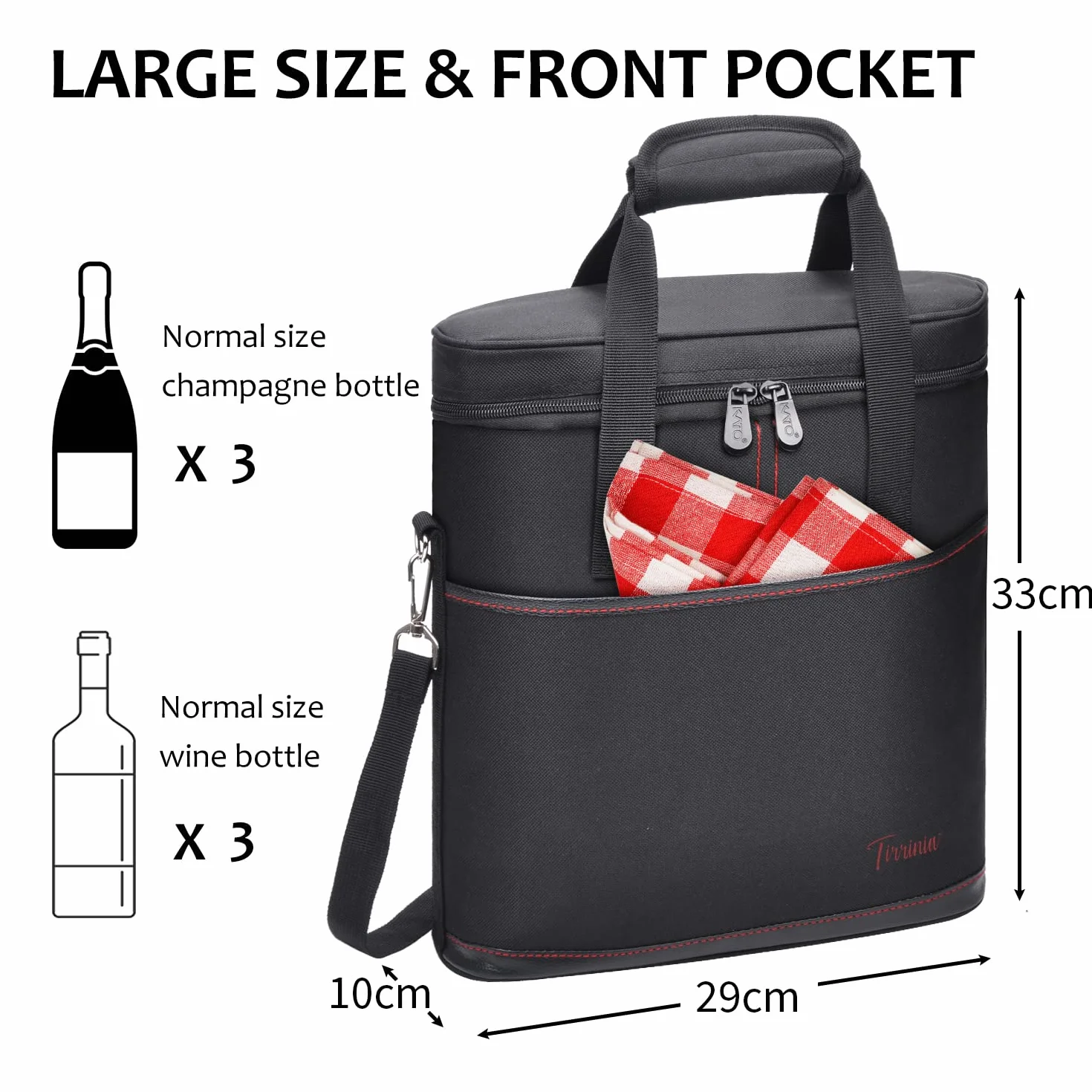 Bolsa de vino aislada Kato Tirrinia 3 botellas negro 29x10x33 cm asa correa hombro ajustable