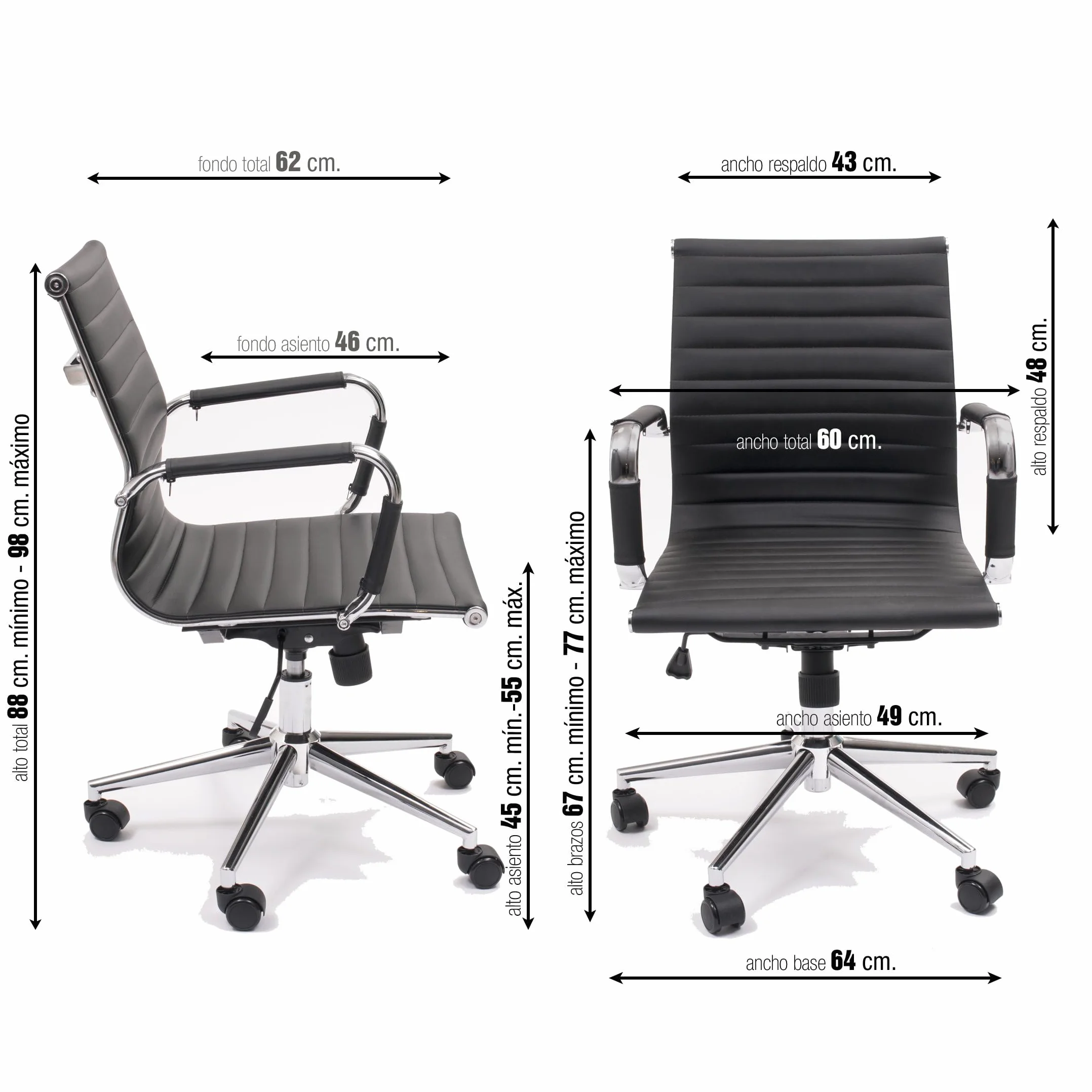 Sillón de despacho Manager Negro Polipiel Base Cromo Giratorio Regulable en Altura Respaldo Bajo