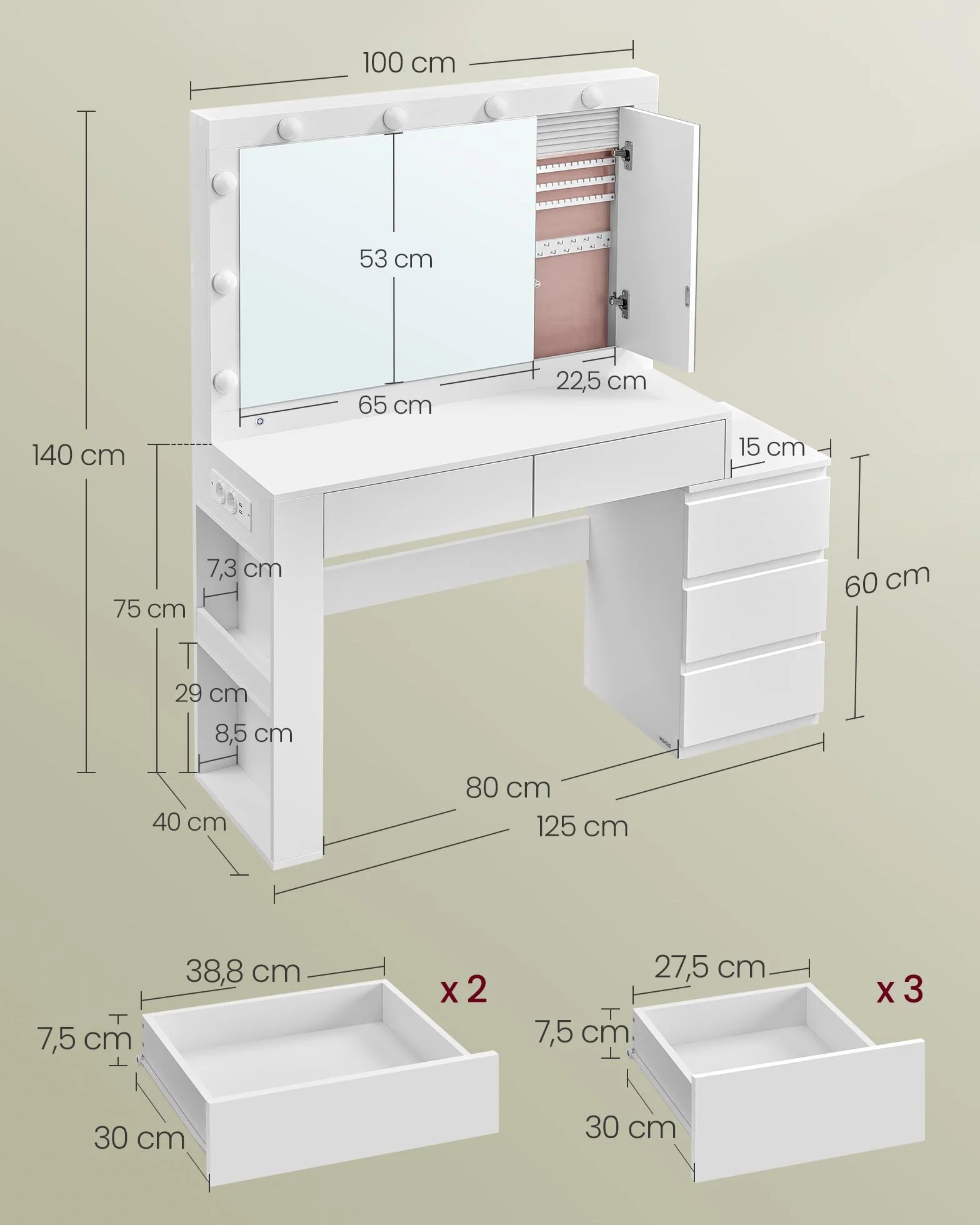 VASAGLE Tocador con Iluminación LED Mesa de Maquillaje 40x125x140 cm Blanco Nube