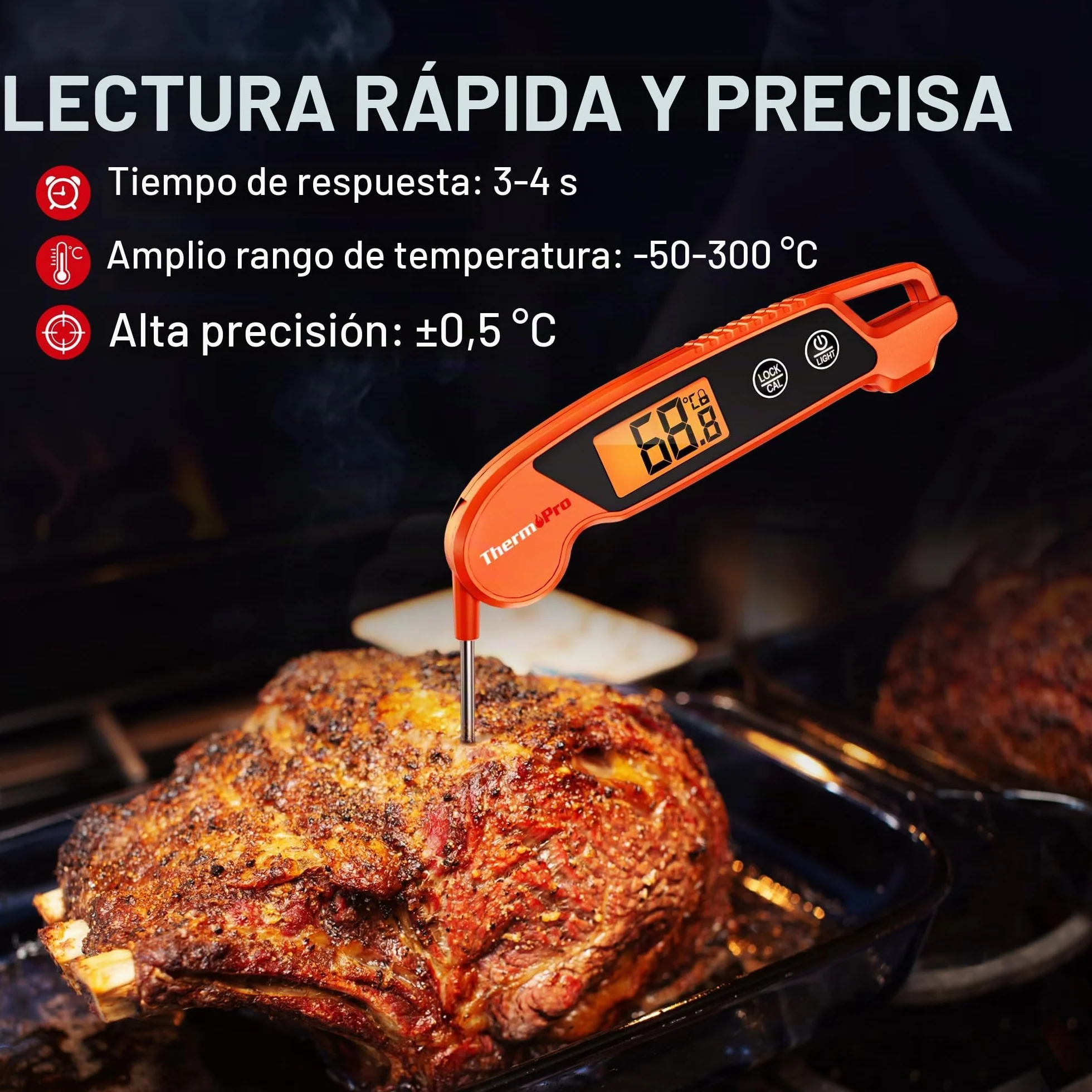 ThermoPro TP603 Termómetro de Cocina Digital, Termómetro Carne Lectura Instantánea, IPX6 Impermeable, Pantalla LCD Retroiluminada, Sonda Plegable para BBQ, Parrilla, Horno, Aceite, Caramelo(Naranja) | Termómetro de cocina LCD de lectura inmediata con retr
