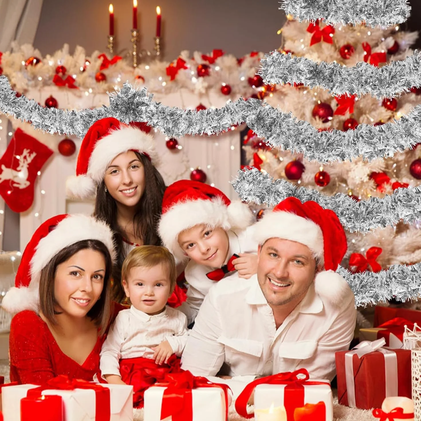 SULOLI Guirnalda de Oropel Navidad de 10 m，Guirnaldas de Tinsel，Espumillón de Cumpleaños，Fiesta，Escalera，Chimenea，Paredes，Árbol de Navidad（Plata）