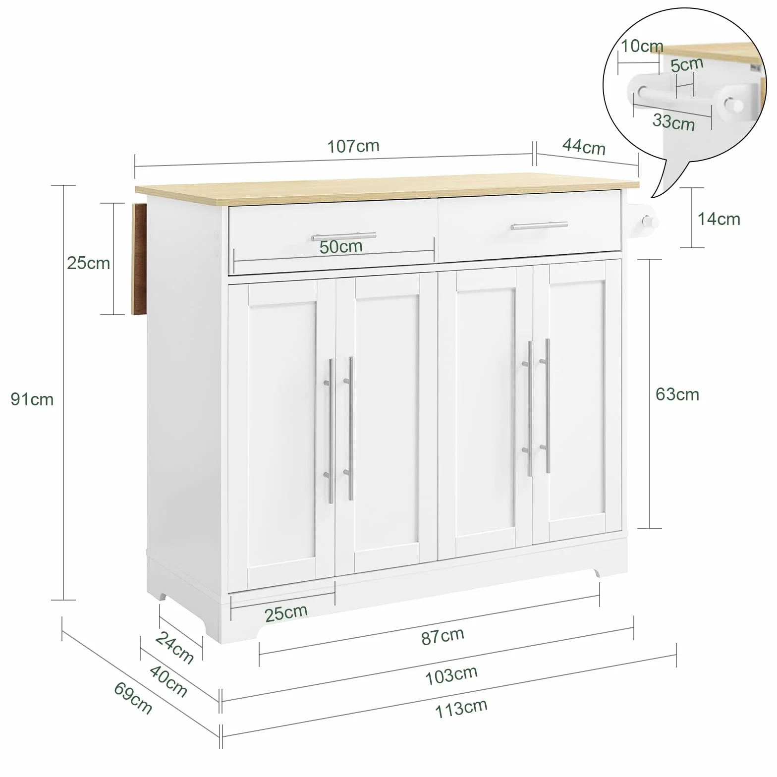 SoBuy Isla Cocina con Ruedas Carro de Cocina con Encimera Extensible Mueble Auxiliar de Cocina con 2 Cajones y Estantes Ajustables, Ideal para Cocinas Pequeñas Blanco 113 × 44–69 × 91 cm FKW129-WN