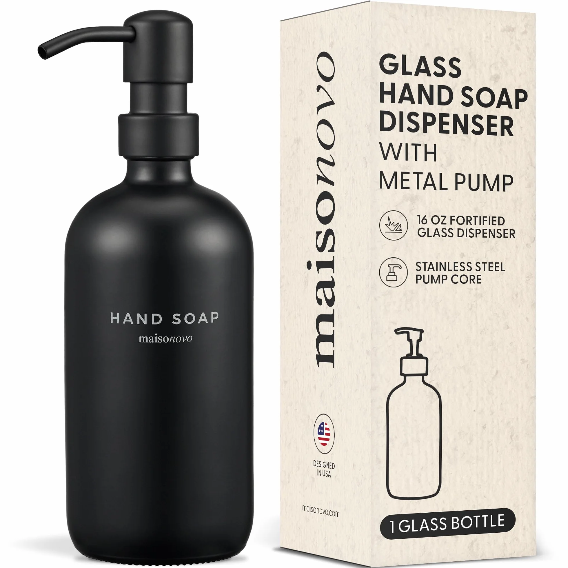 MaisoNovo Jabonera Baño Dosificador Juego De 1-500 ml Dispensador Jabon Baño Cristal - 1 x Negro Botellas De Cristal con De Negro Bombas, Impermeable Etiquetas