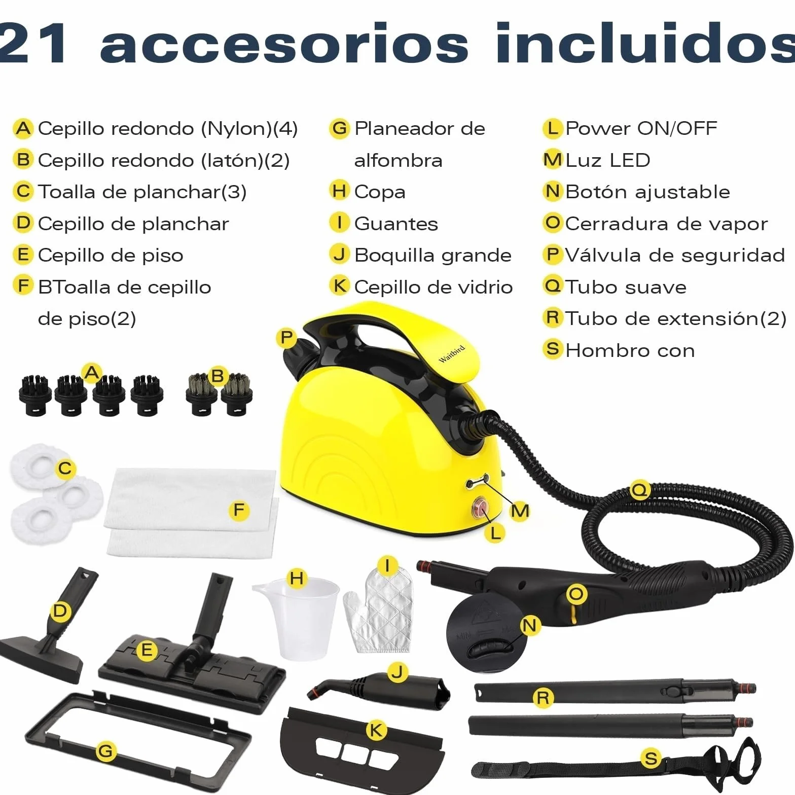 Waitbird Limpiador a vapor 1500W 4,5 bares 120°C 1100 ml 21 accesorios