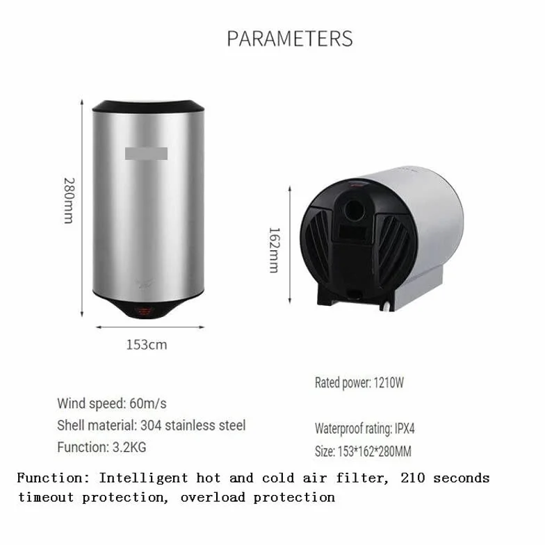 Secador de manos, Sensor de secador de manos automático for el hogar, dispositivo de secado de manos for Hotel, calentador eléctrico de aire caliente for baño, viento,Flujo de aire potente(Brushed si