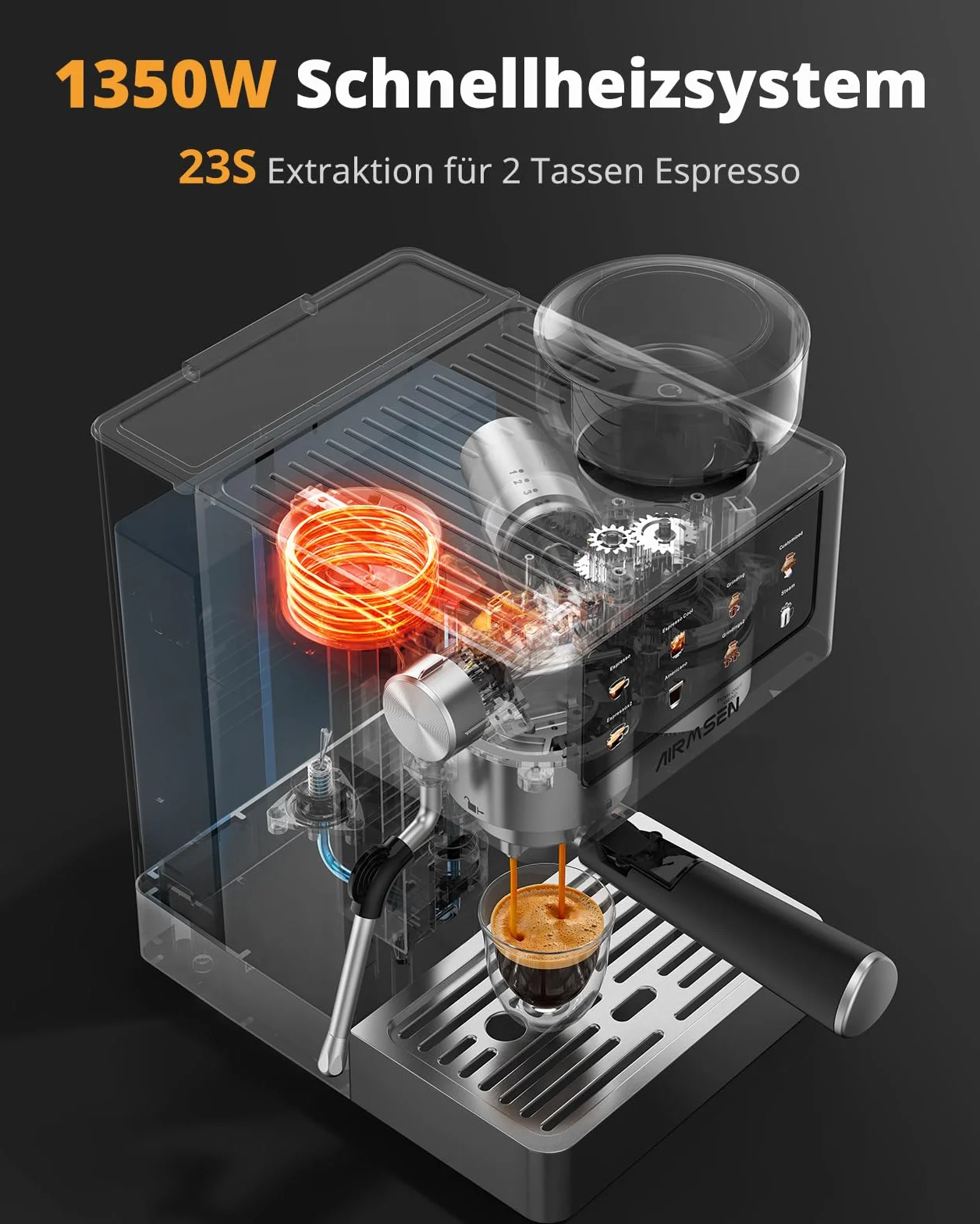 AIRMSEN 20 Bar Cafetera de Café Espresso con Molinillo Cónico y Vaporizador de Leche, Programable, Pantalla Táctil, Fabricada en Acero Inoxidable, 1.8L - Café Cold Brew y Americano, Espresso y Leche