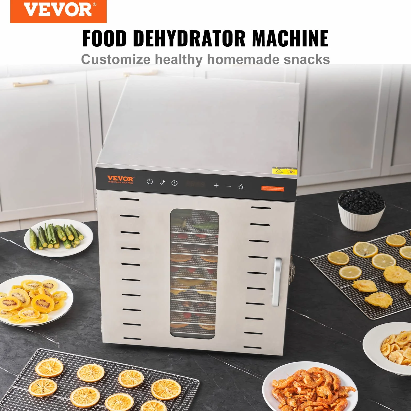 VEVOR Máquina Deshidratadora de Alimentos 10 Bandejas Acero Inoxidable 1000 W Temperatura Ajustable 30-90 °C Temporizador 0,5-48 h