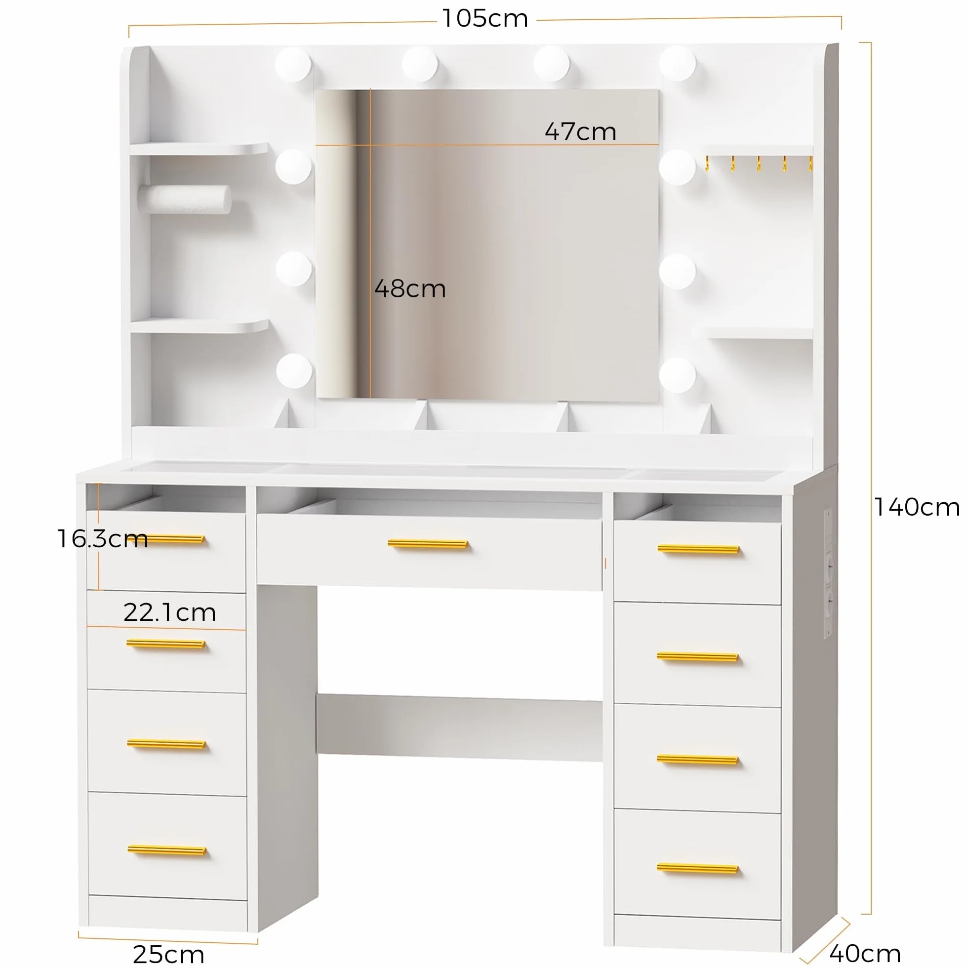 ANWBROAD Grande Tocador de Maquillaje con Espejo y Luces LED, 9 Cajones RGB, Mesa Moderna Blanco BDT95W