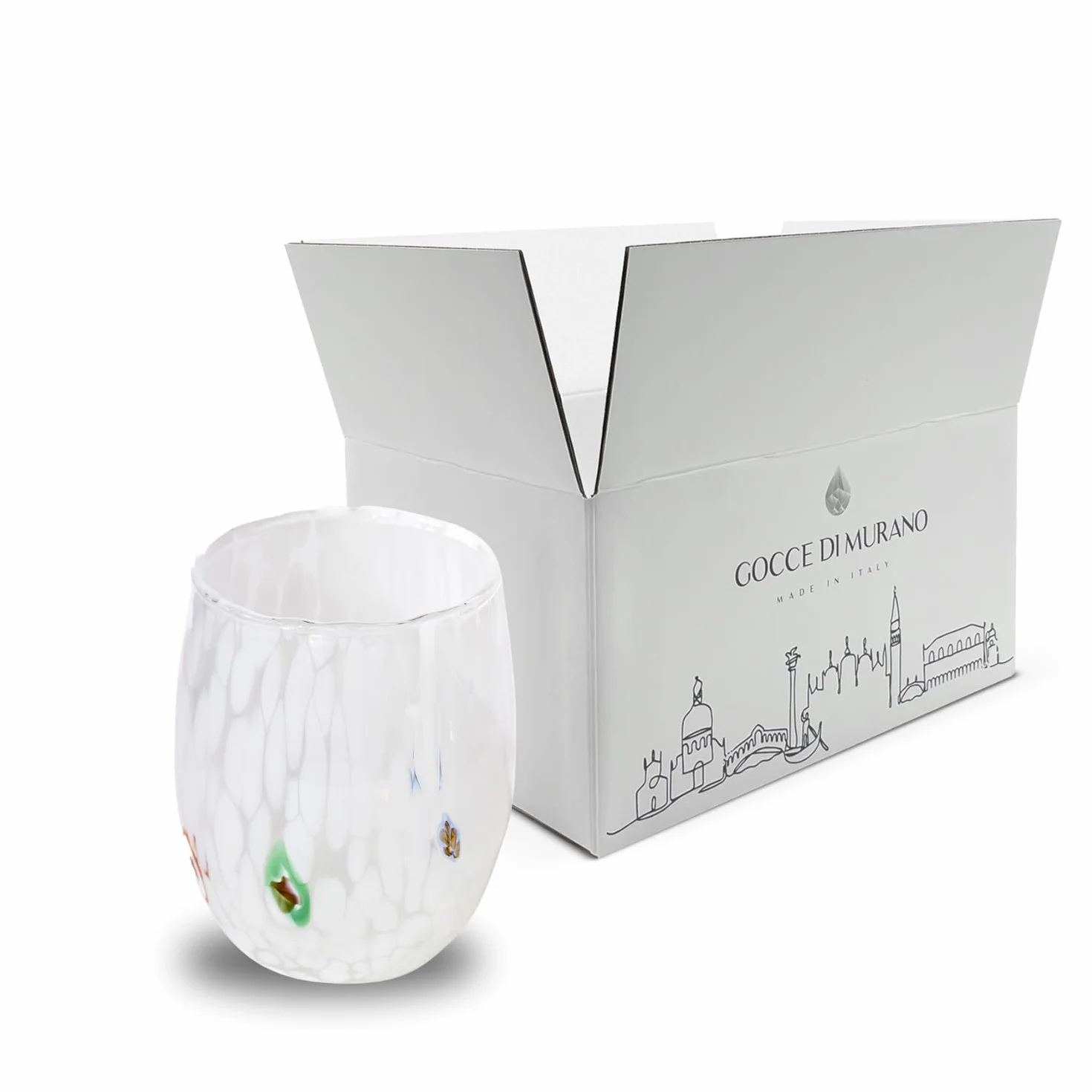 Gocce di Murano - Juego de 6 vasos de agua (300 ml, vidrio soplado y trabajado a mano, 300 ml, vidrio de arco iris, lluvia