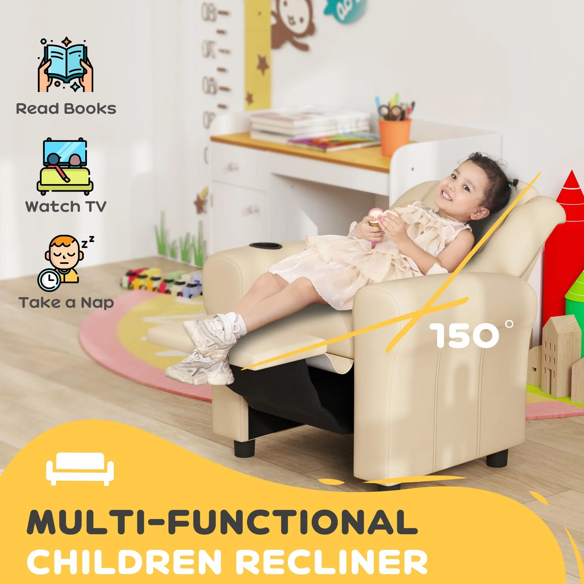 HOMCOM Sillón reclinable de piel sintética para niños con respaldo ajustable, reposapiés y portavasos, beige