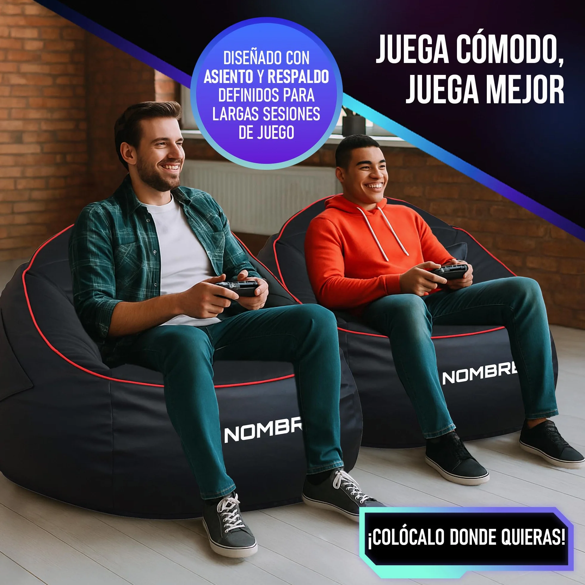DECORESTOR Puff Gamer Personalizado con Nombre - Relleno y Respaldo Incluidos - Bean Bag XXL Gigante - Regalo para Niños y Adultos - 100% Polipiel