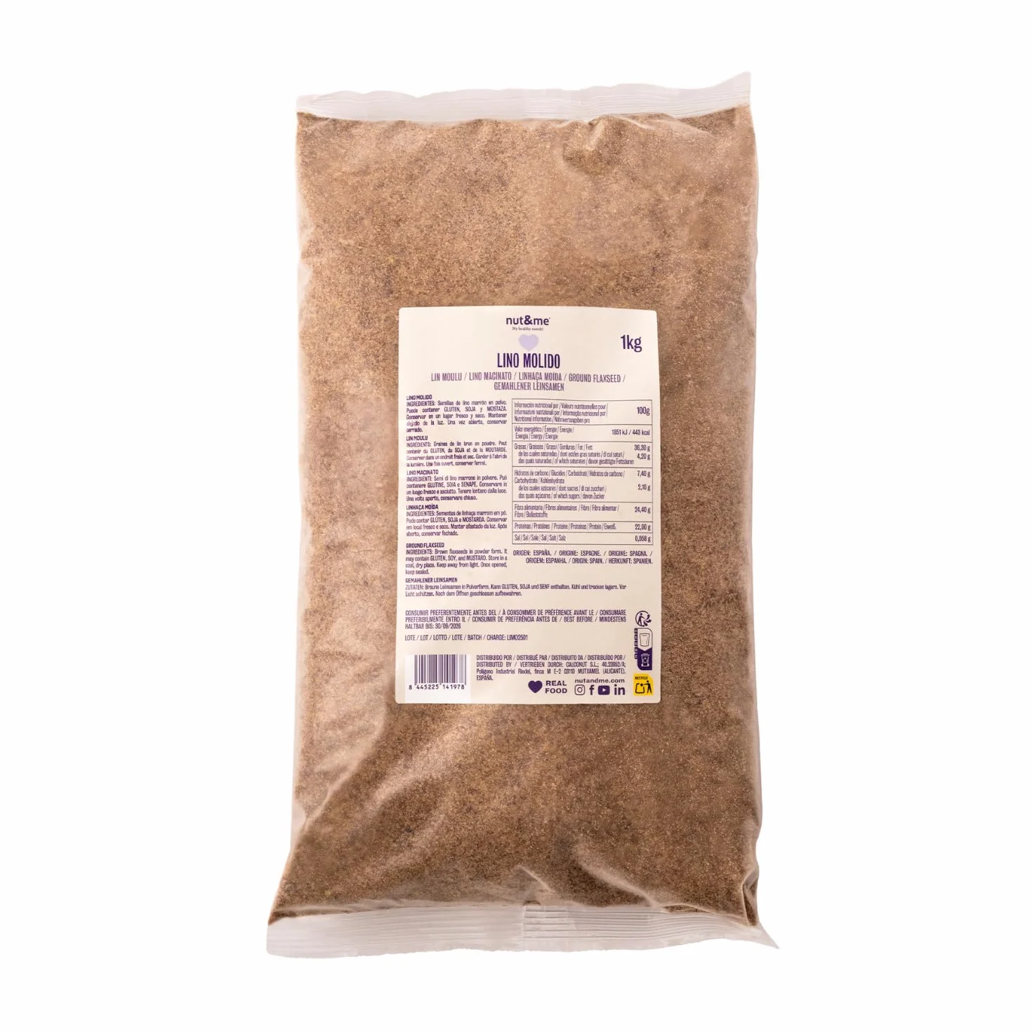 Semillas de lino molido 1 kg nut&me - Fuente de proteínas, rico en fibra, sin gluten