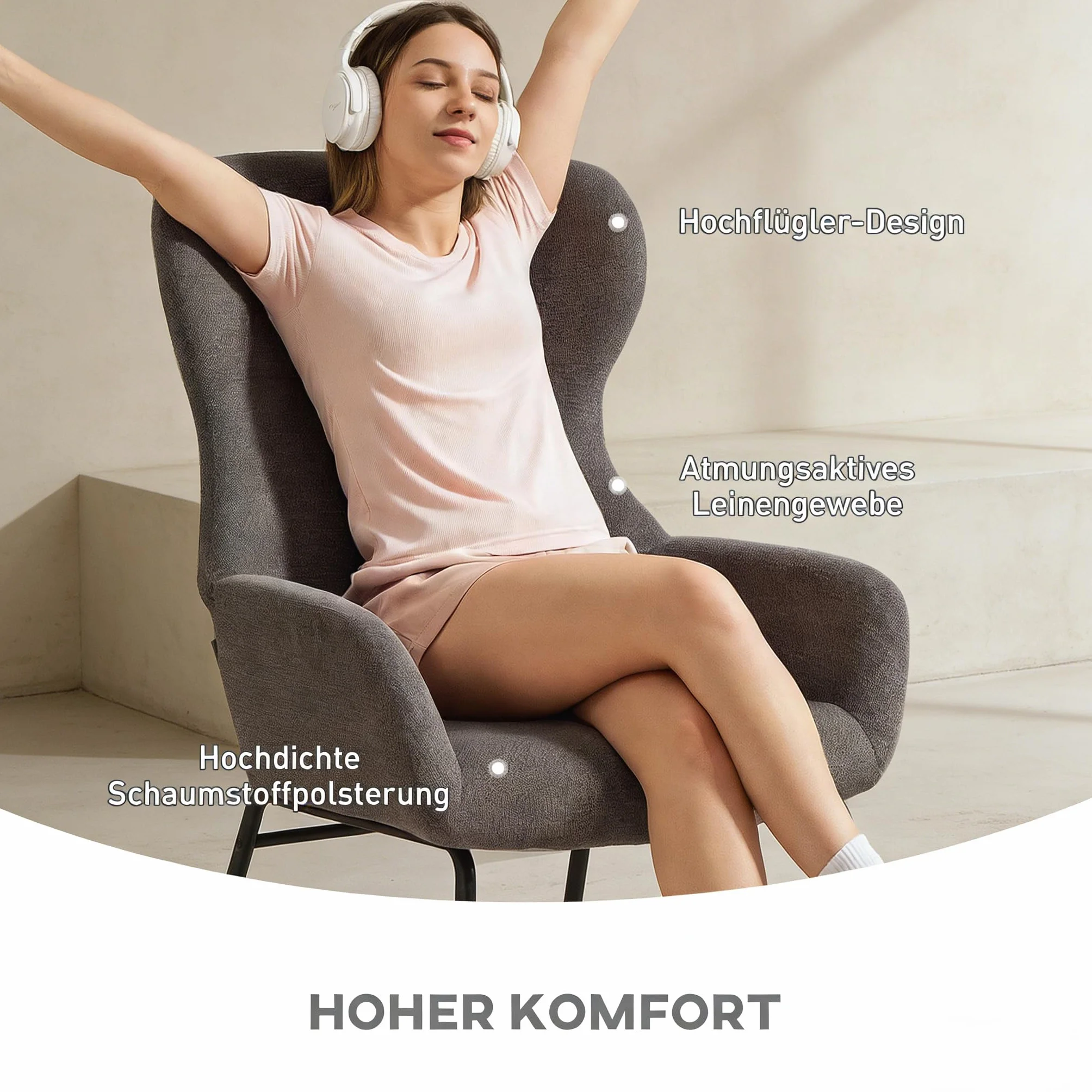 HOMCOM Sillón con Patas de Acero, Respaldo Alto, con Aspecto de Lino, para Dormitorio, Color Gris Oscuro