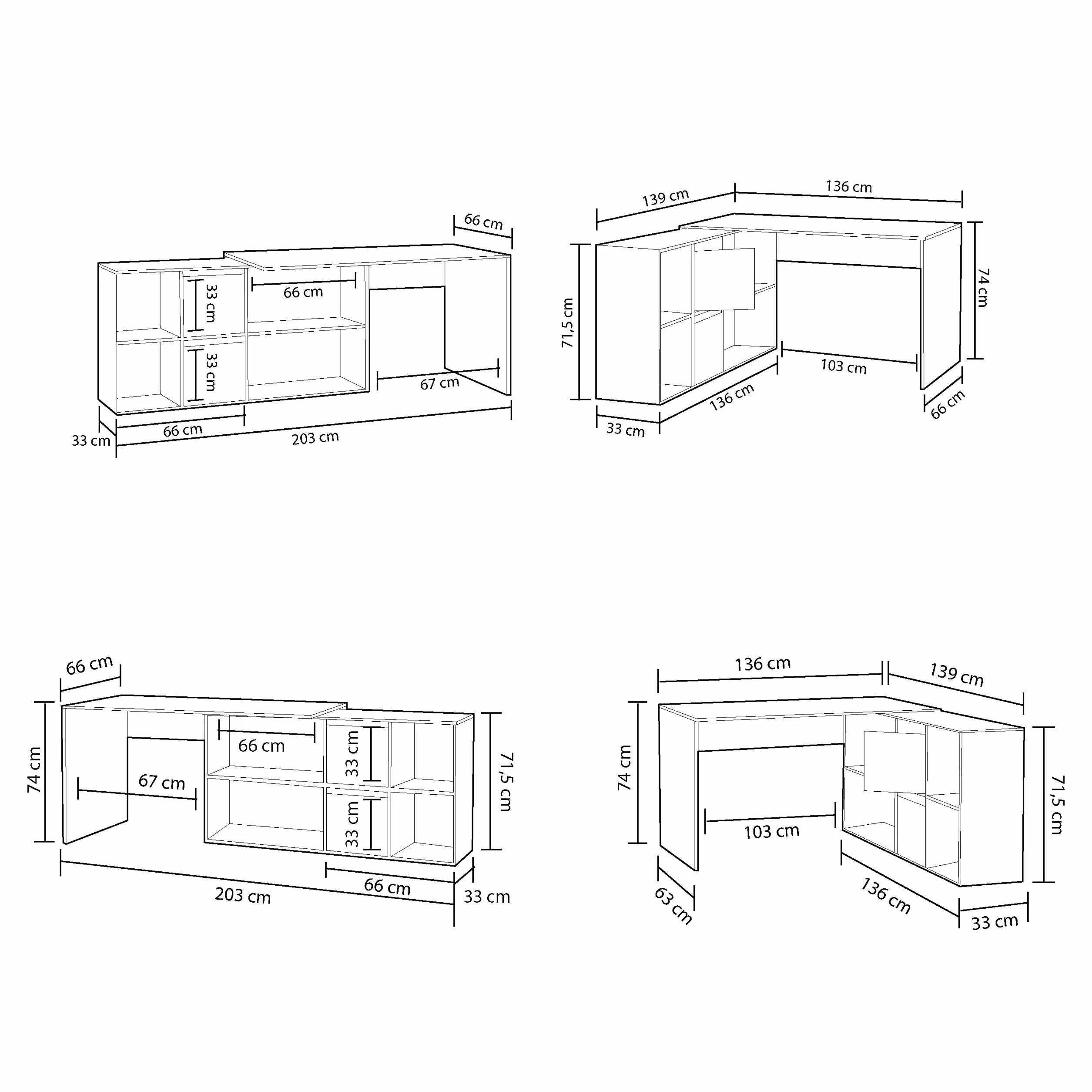 duehome | Escritorio Multiposición Reversible, Mesa Estudio, Mesa PC, Modelo Move, Acabado en Blanco Artik y Roble Canadian, Medidas: 136 cm (Largo) x 139 cm (Ancho) x 74 cm (Alto)