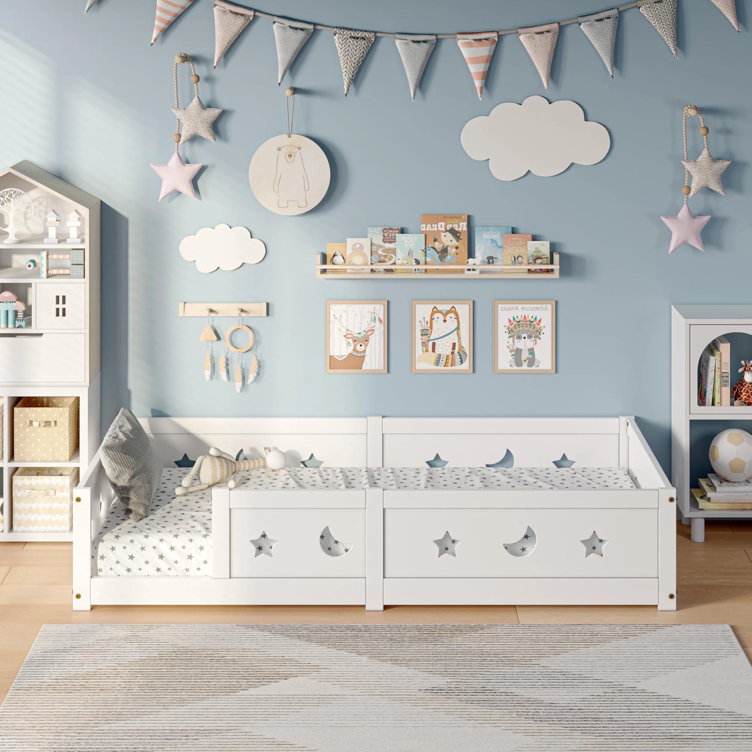 Montessori - Cama de suelo de 90 x 200 cm, con protección anticaída y somier de láminas, diseño de estrellas y luna, cama infantil para niños y niñas, de madera de pino maciza, color blanco (blanco