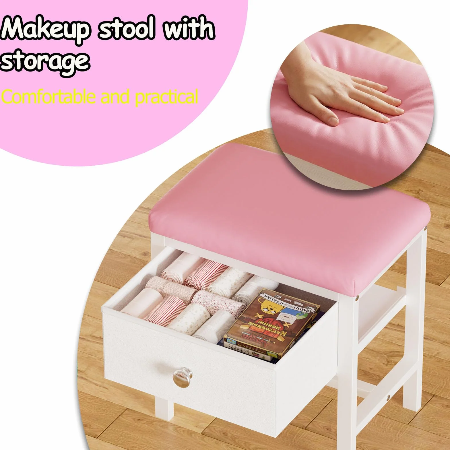 MSFE 2 en 1 Tocador Niña con Espejo y Luces,Mesa de Maquillaje con Taburete y Armario de Almacenamiento,Tocador de Princesa con Estantes y Soporte para Joyas,Tocador de Maquillaje para Niñas