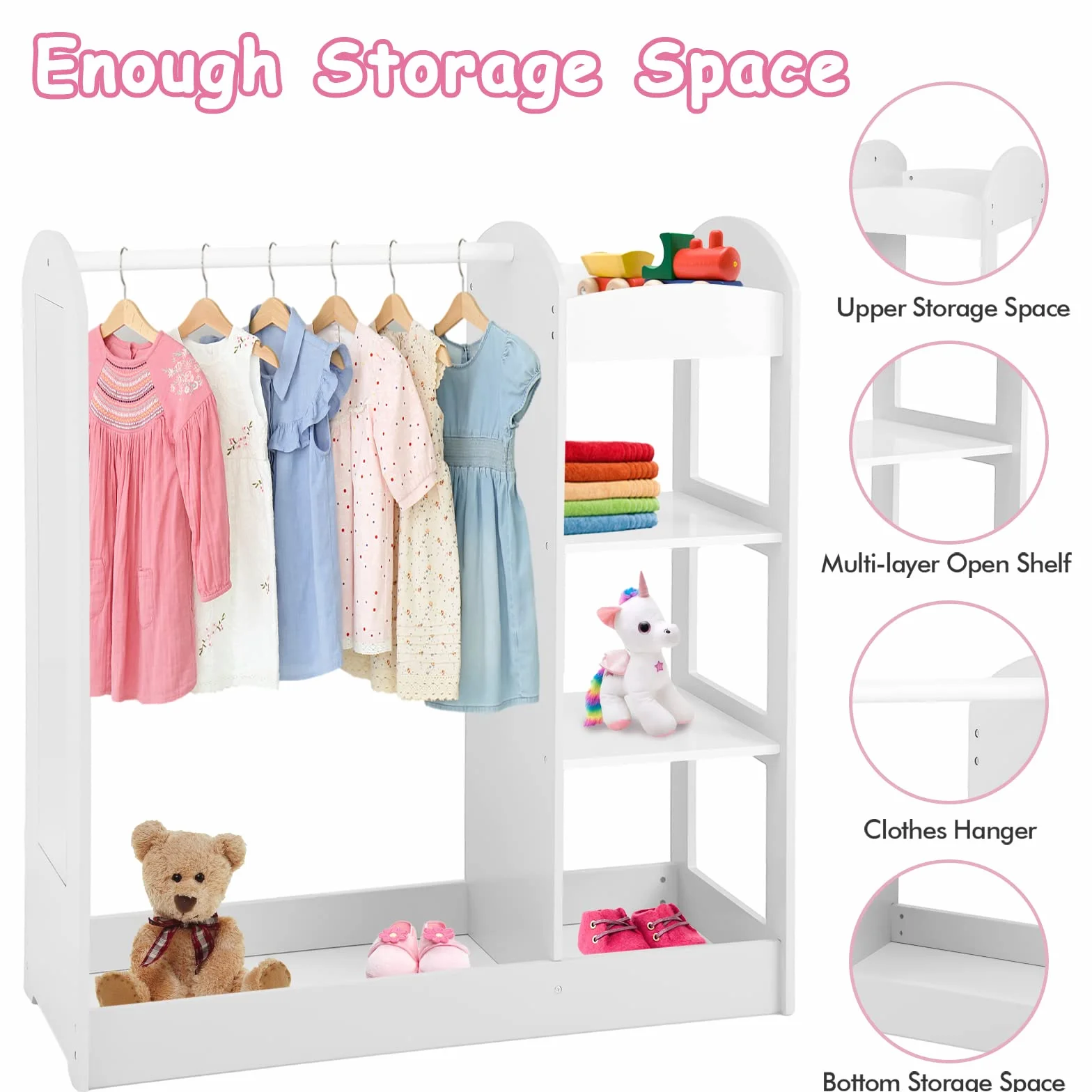 LIFEZEAL Armario infantil de ropa con perchero y estantes, organizador de madera con espejo entero, 93,5 x 38 x 100 cm Blanco