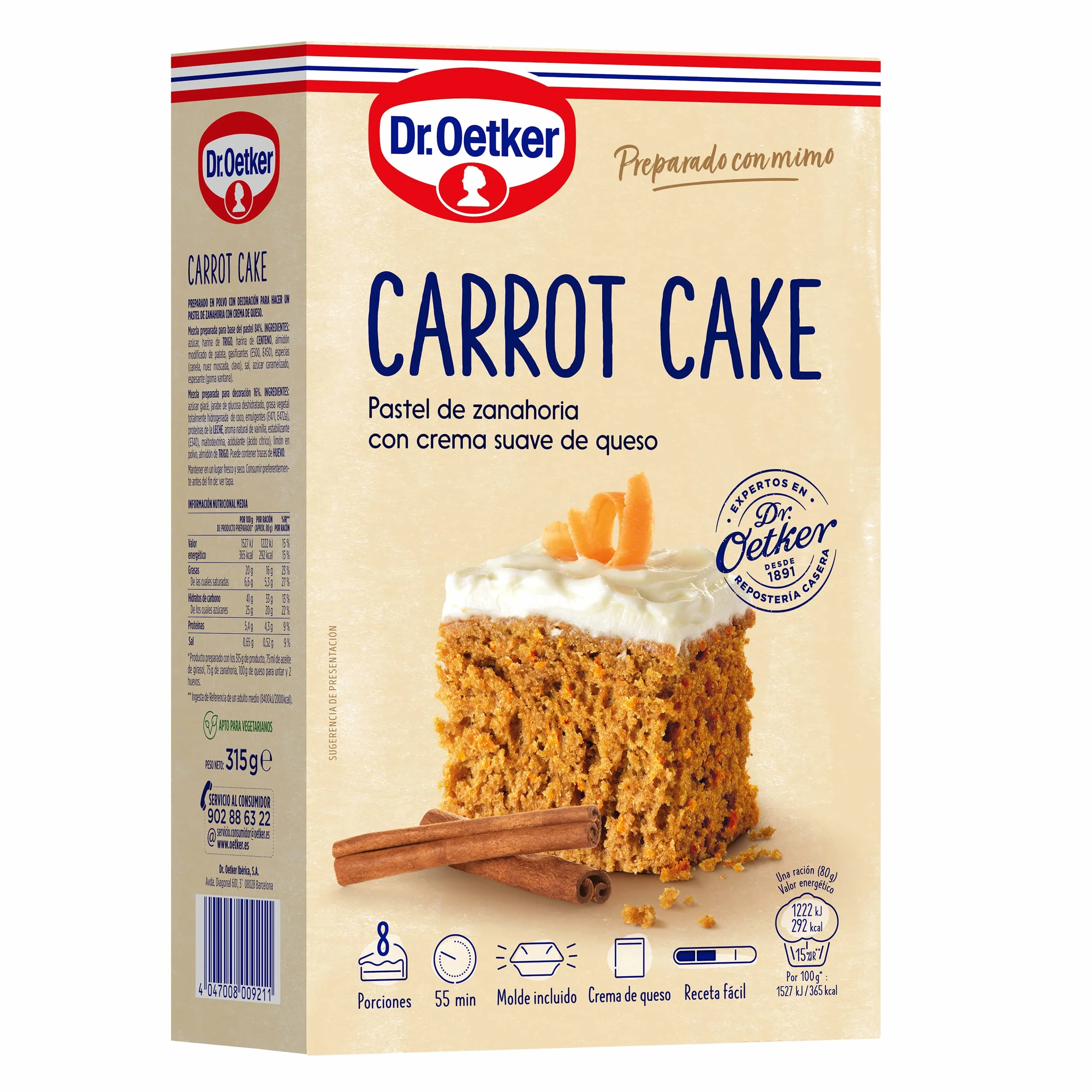 DR. OETKER Pastel de Zanahoria, Preparado para Tarta de Zanahoria con Crema de Queso 265g + 50g + Molde, 8 Raciones