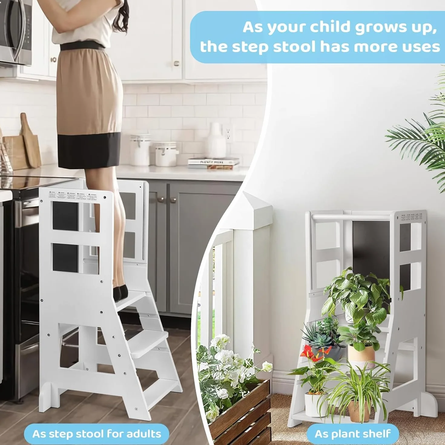 Torre para niños pequeños con planos ajustables de 3 alturas, tablero blanco magnético y negro extraíble