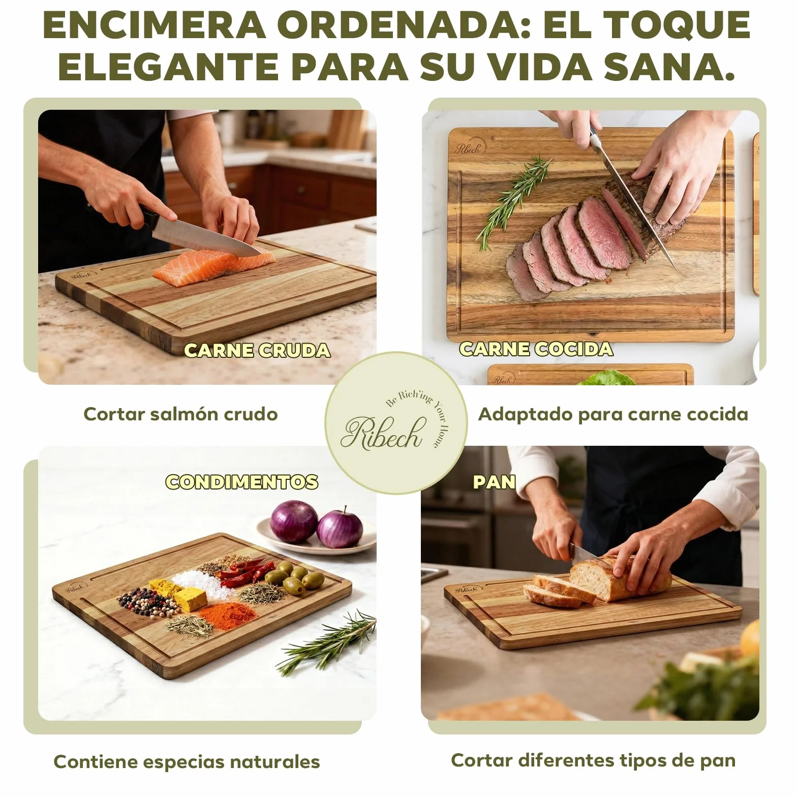 Set de Tablas de Cortar de Madera de Acacia Sólida 3 Piezas con Soporte 40x30cm 33x24cm 26x18cm