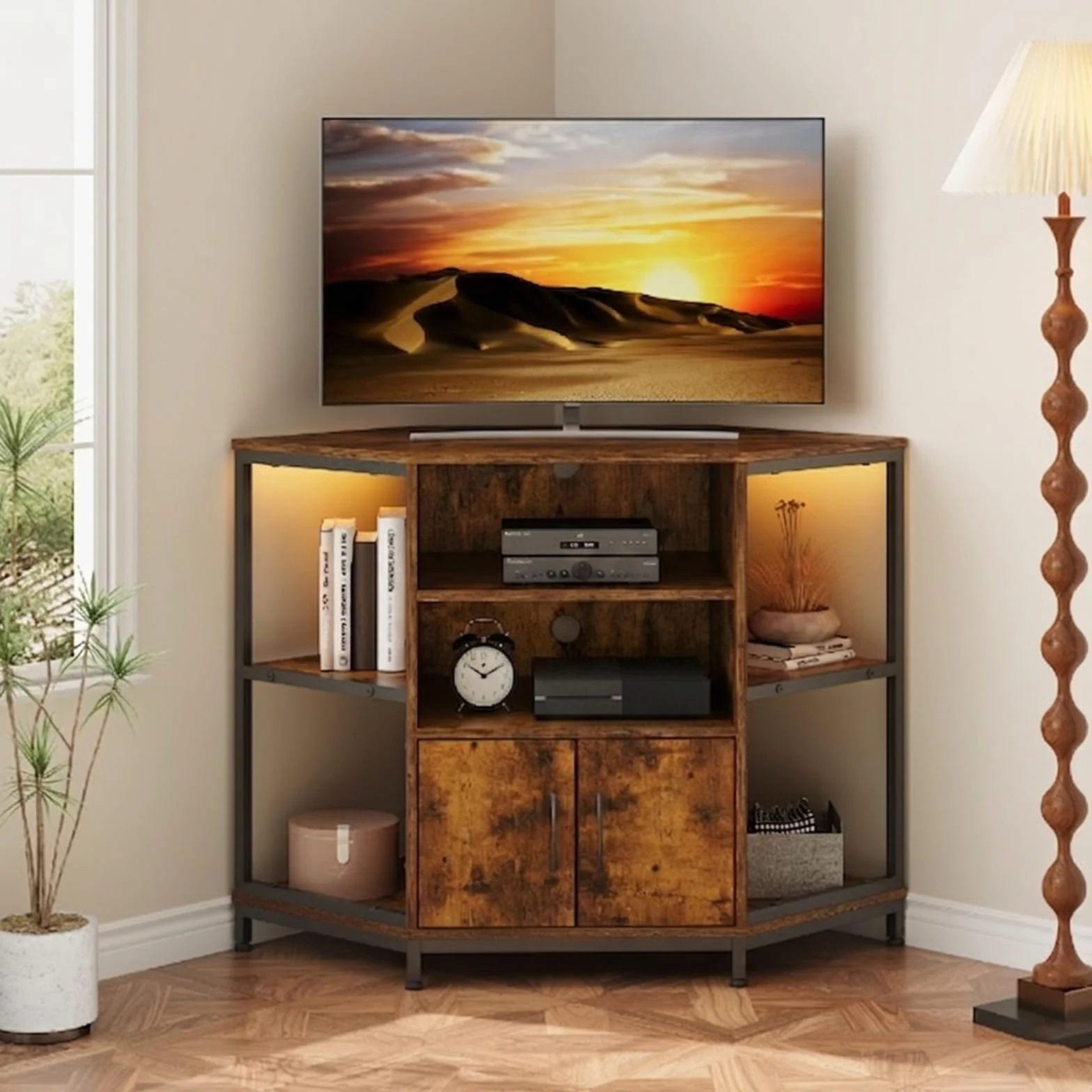 Dripex Mueble de esquina para TV con iluminación LED, para salón, diseño industrial, 105 x 50 x 79 cm, marrón vintage