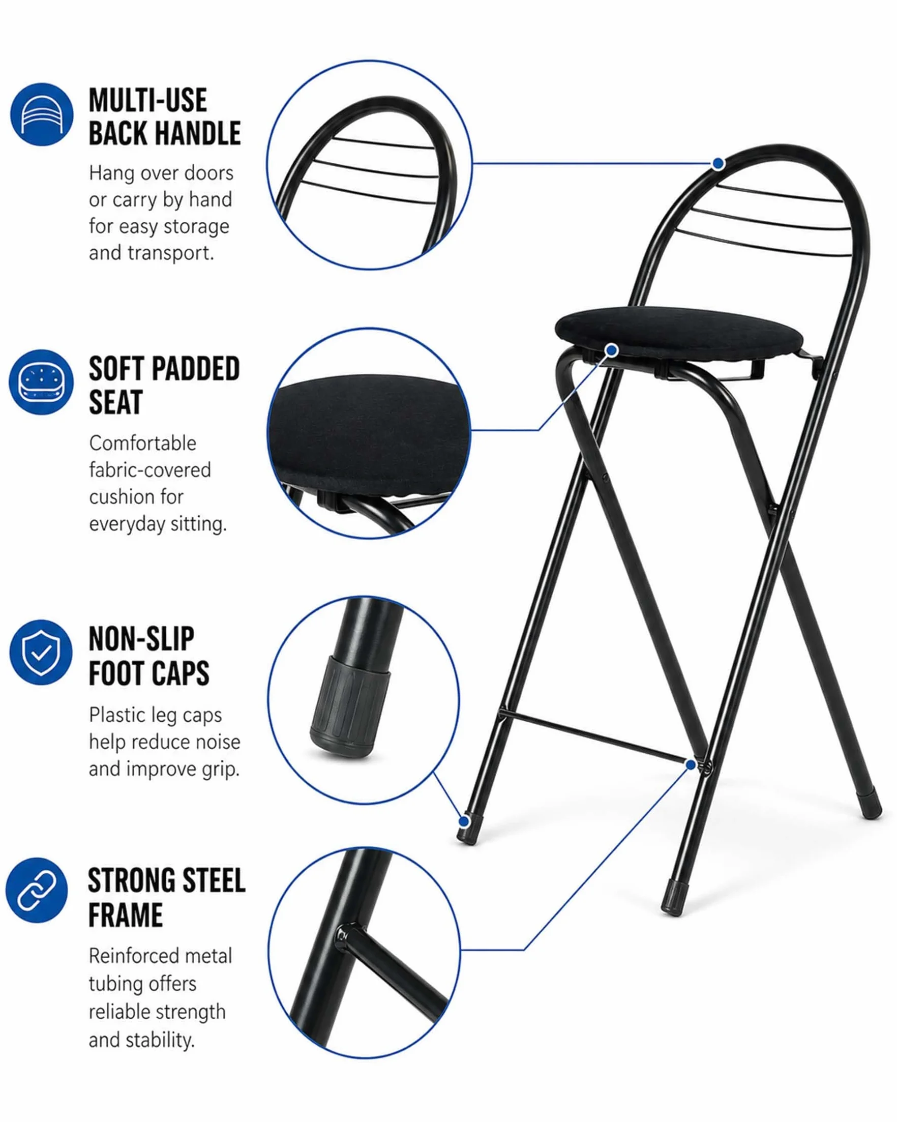 Taburete de Bar Plegable con Respaldo, Pack de 4 Taburetes Cocina Altos de Terciopelo sin Montaje Silla Alta Mostrador, Banqueta para Barra Casa, Negro