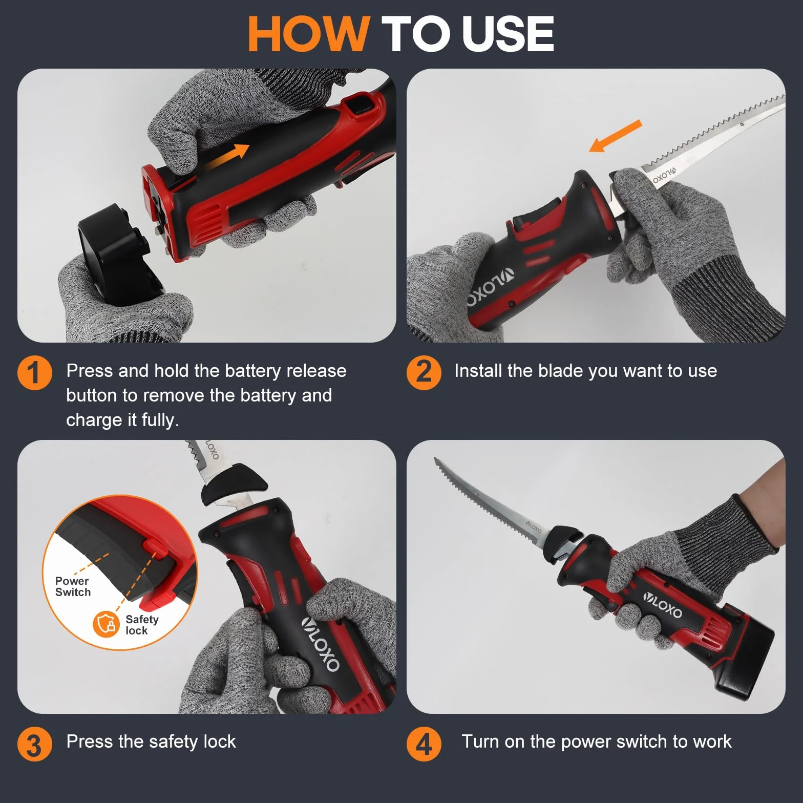 VLOXO Cuchillo Electrico Cocina Inalámbrico para Filetear con 4 Cuchillas de Acero Inoxidable Cuchillos Cocina Eléctrico Recargable con Bloqueo de Seguridad Cuchillos Carne Mango Antideslizante