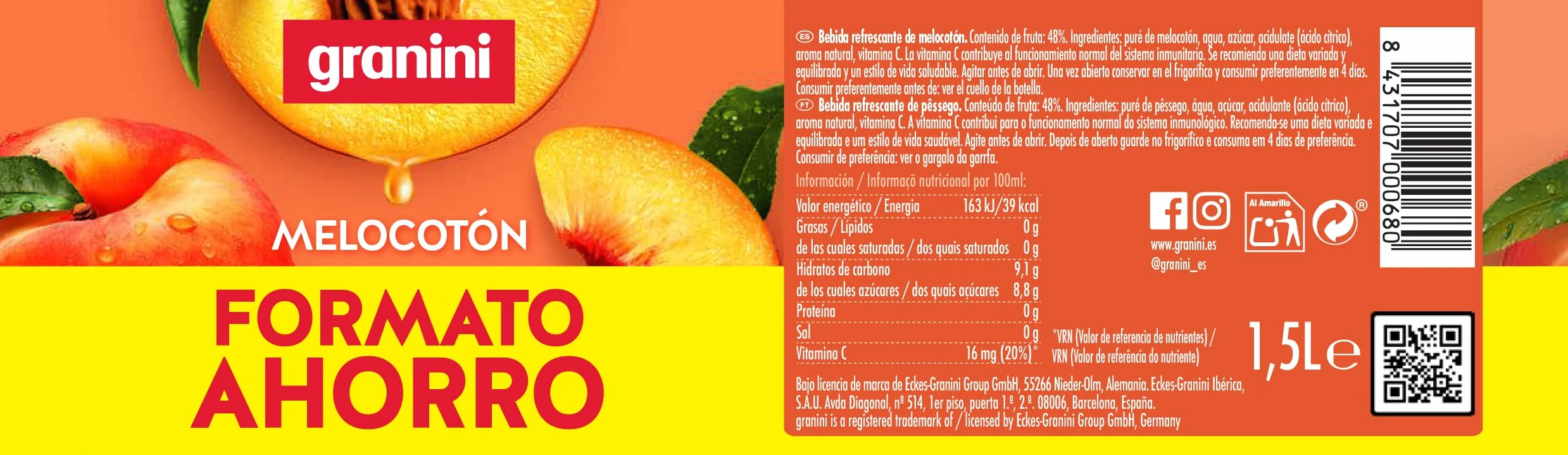 Granini Néctar de Melocotón Pack 6 x 1,5L Formato Ahorro