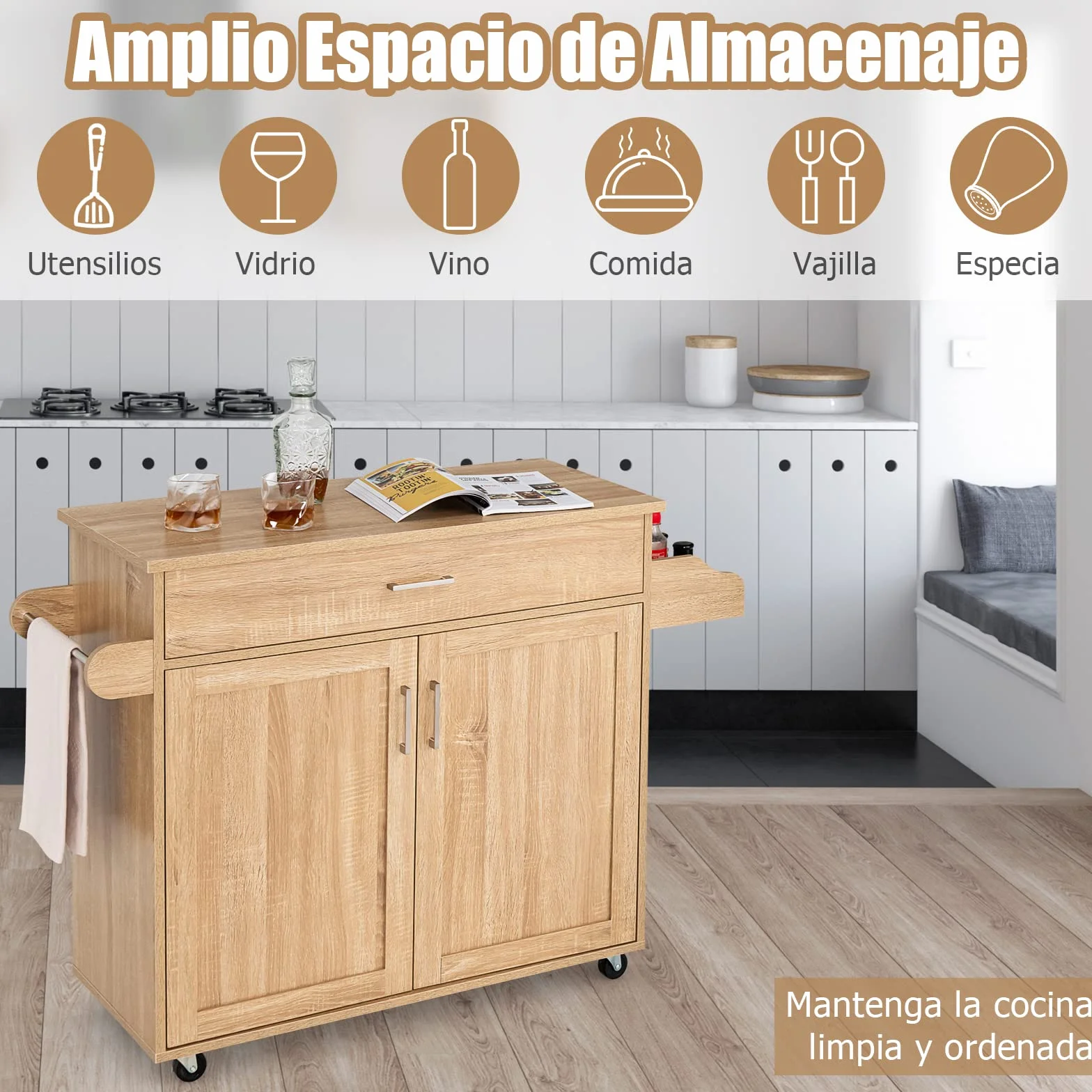 GOPLUS Carro de Cocina, Isla de Cocina con Servicio Multifuncional, Armario de Cocina con Toallero y Estante para Especias, 116 cm x 40 cm x 85 cm (Natural)
