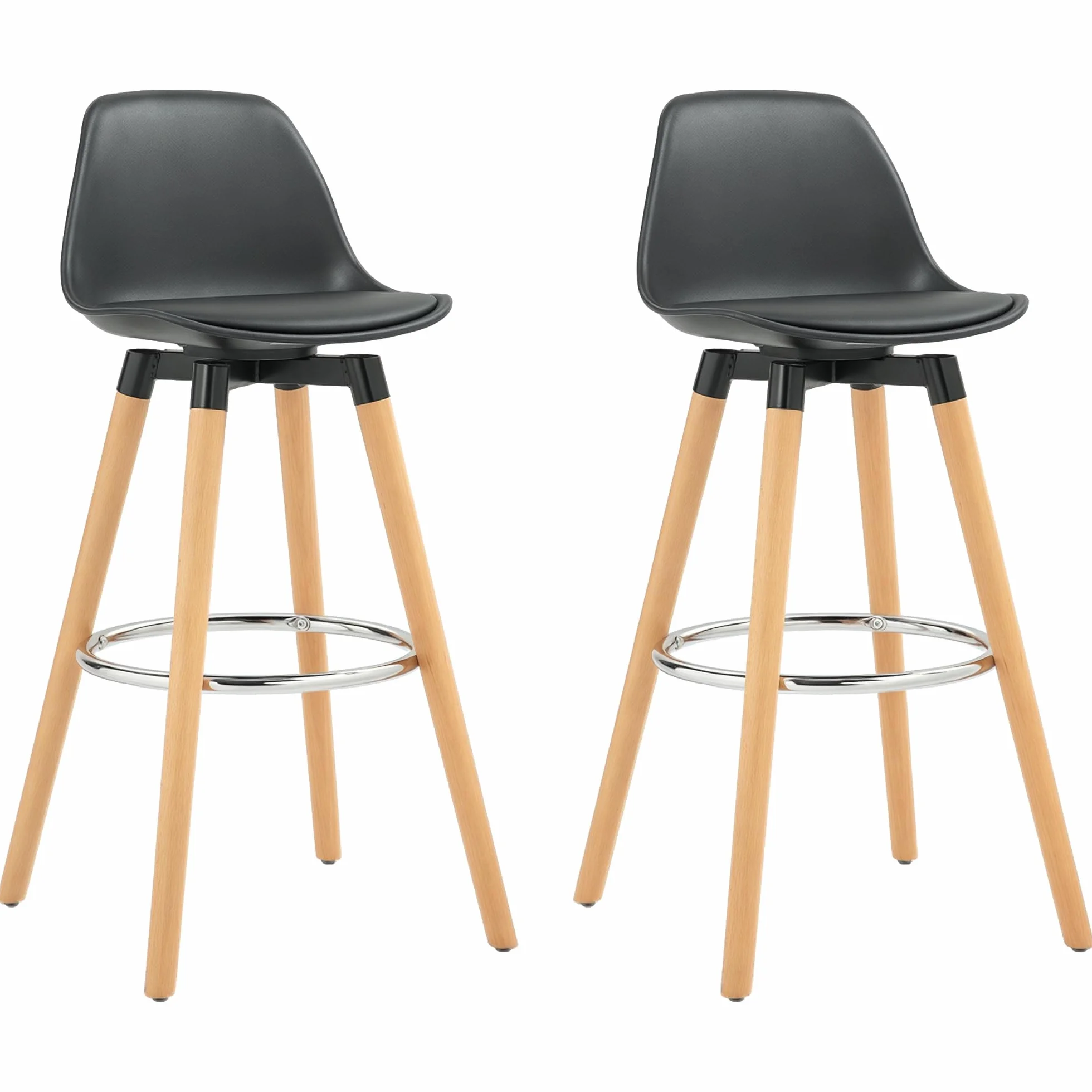HOMCOM Juego de 2 Taburetes Altos de Cocina Altura Asiento 69 cm Taburetes de Bar Sillas Altas de Cocina Tapizado en PU con Respaldo Patas de Madera para Comedor Negro