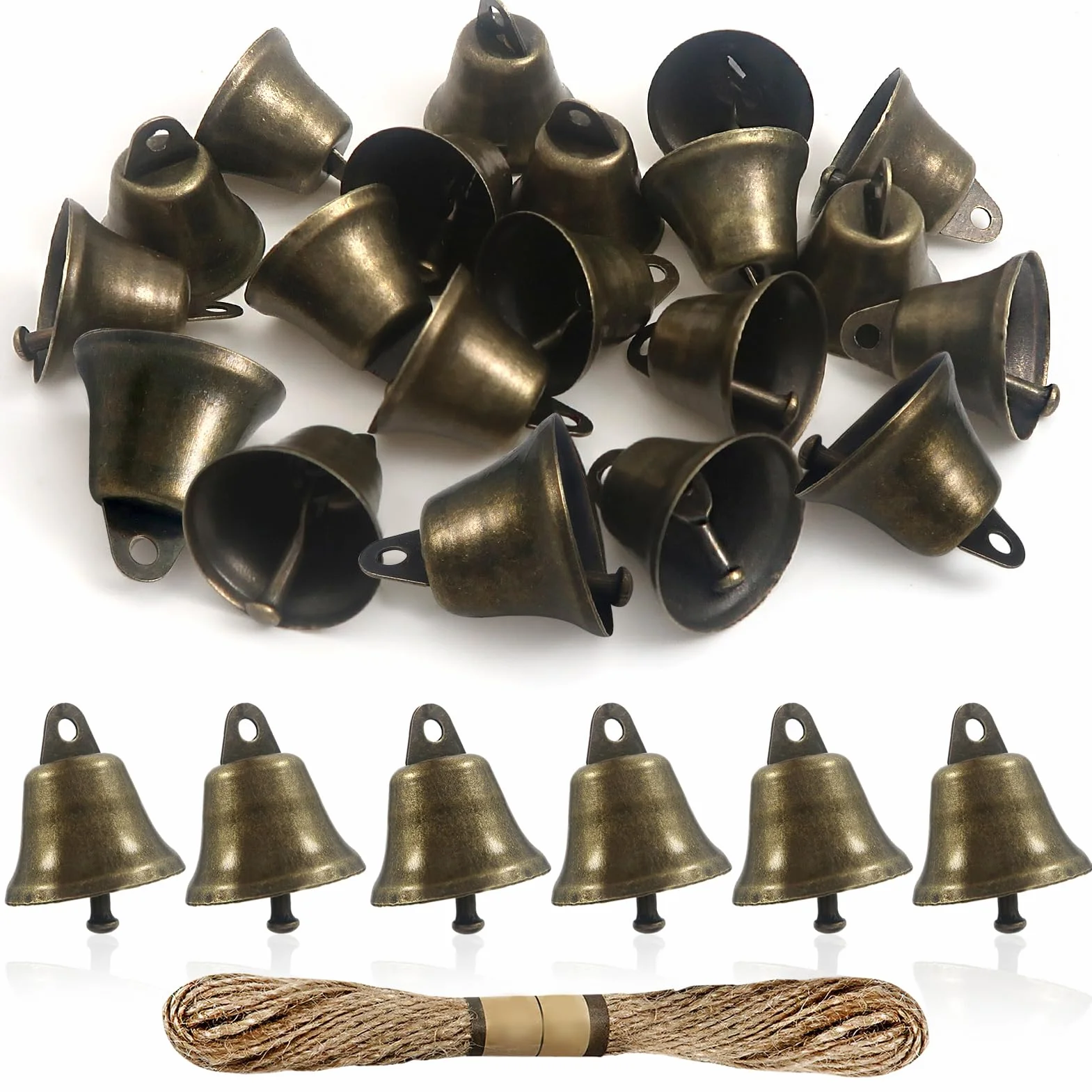 Campanas de Bronce para Manualidades 20 Piezas 22 mm con Cuerda de Cáñamo Carillones de Viento Decoración Navideña
